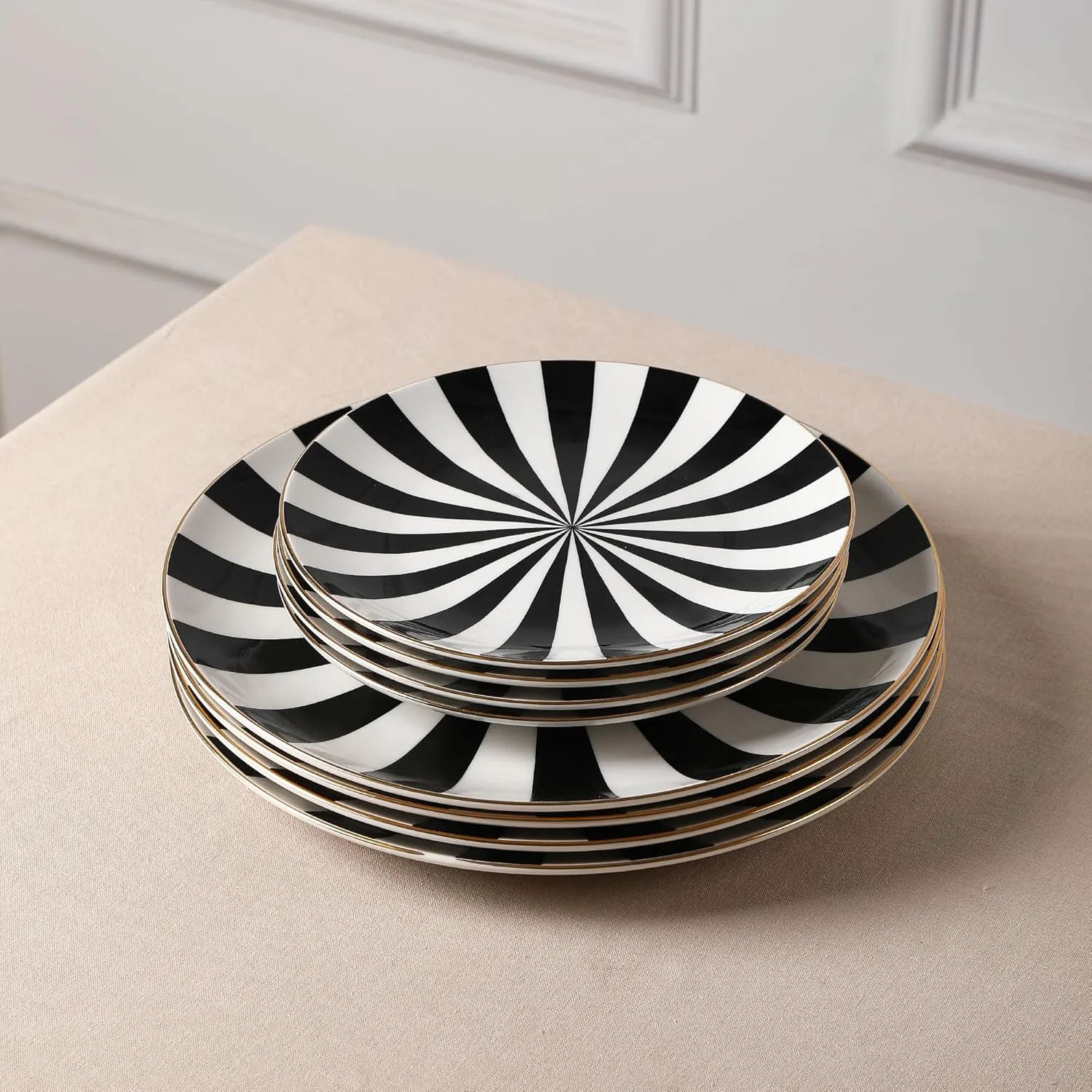 Christian Siriano Empire Porcelain Dinnerware, 12-Piece Plates and Bowls Set, Black and White Dish Set for 4, Gold Trim, Hand Wash Only