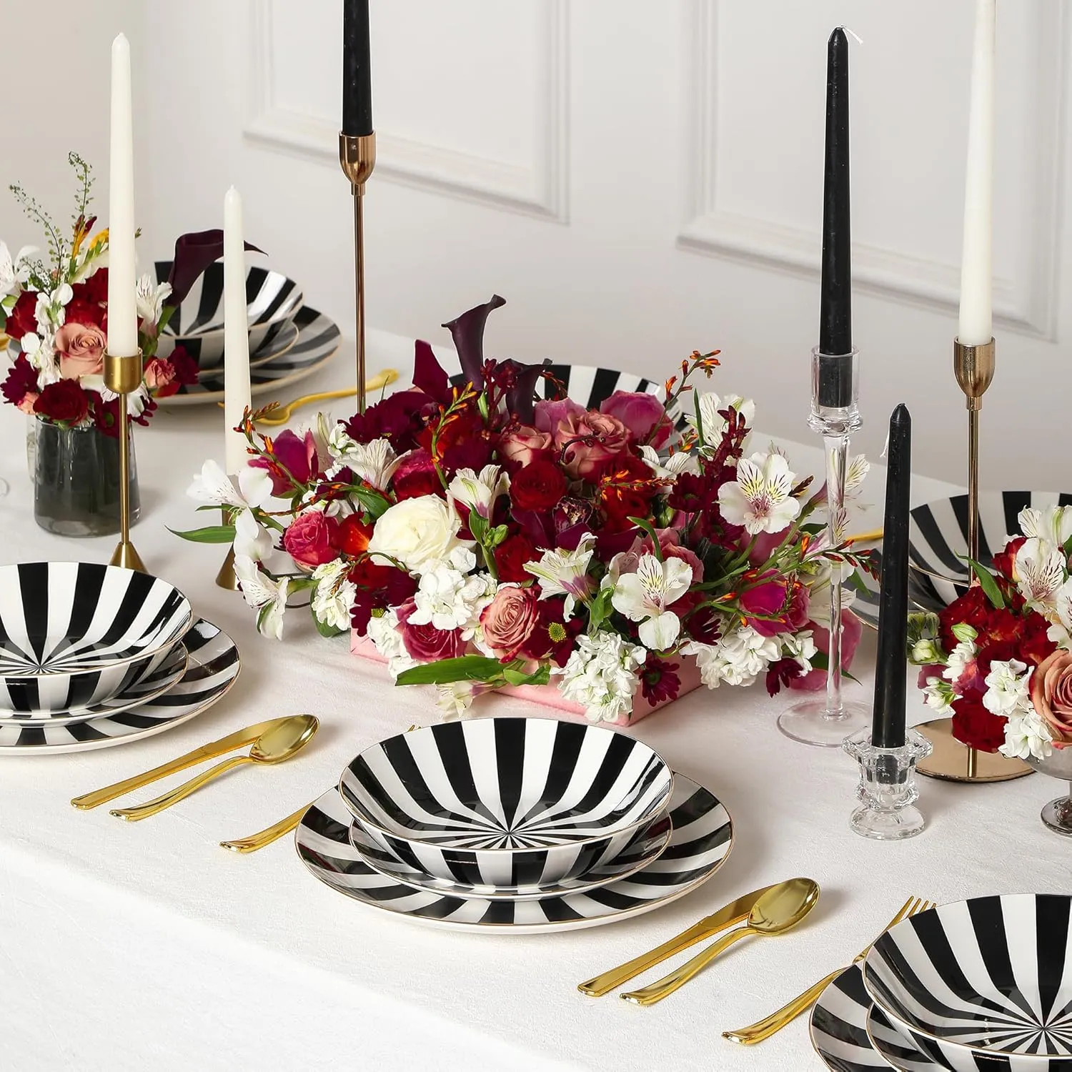 Christian Siriano Empire Porcelain Dinnerware, 12-Piece Plates and Bowls Set, Black and White Dish Set for 4, Gold Trim, Hand Wash Only