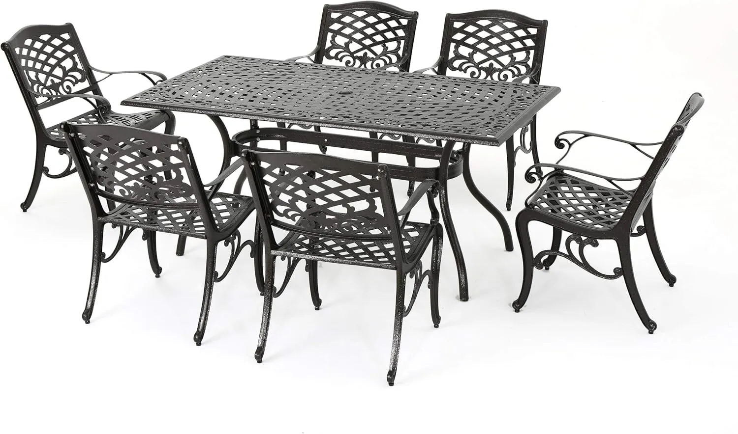 Christopher Knight Home Hallandale Outdoor Sarasota Cast Aluminum Rectangular Dining Set, 7-Pcs Set, Hammered Bronze