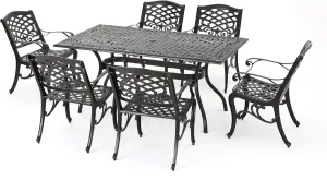 Christopher Knight Home Hallandale Outdoor Sarasota Cast Aluminum Rectangular Dining Set, 7-Pcs Set, Hammered Bronze