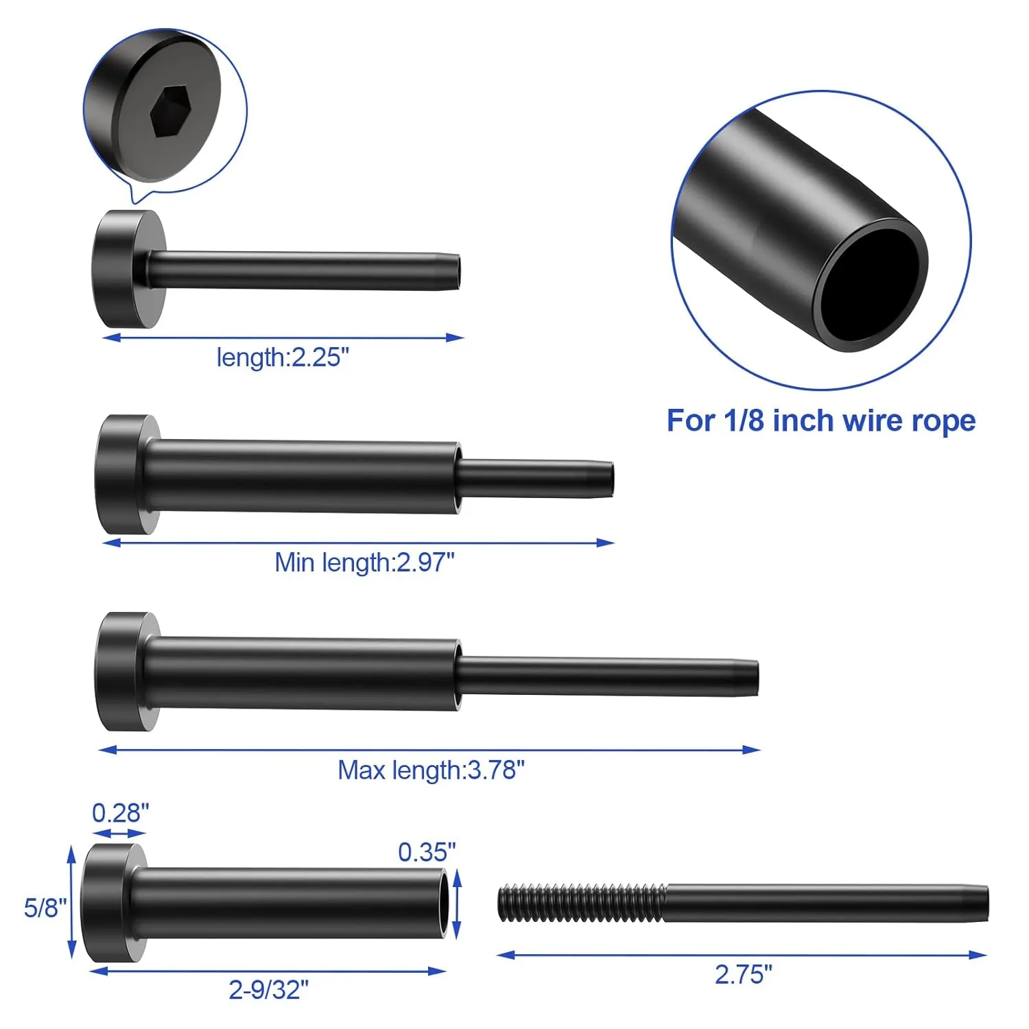 CKE10 Pairs Black Invisible Cable Railing kit 1/8" Swage Tensioner Hardware and Terminal Hidden T316 Stainless Steel Invisible Receiver and Swage Stud End for 2"x2" 4"x4" Wood/Metal Post Deck Stairs
