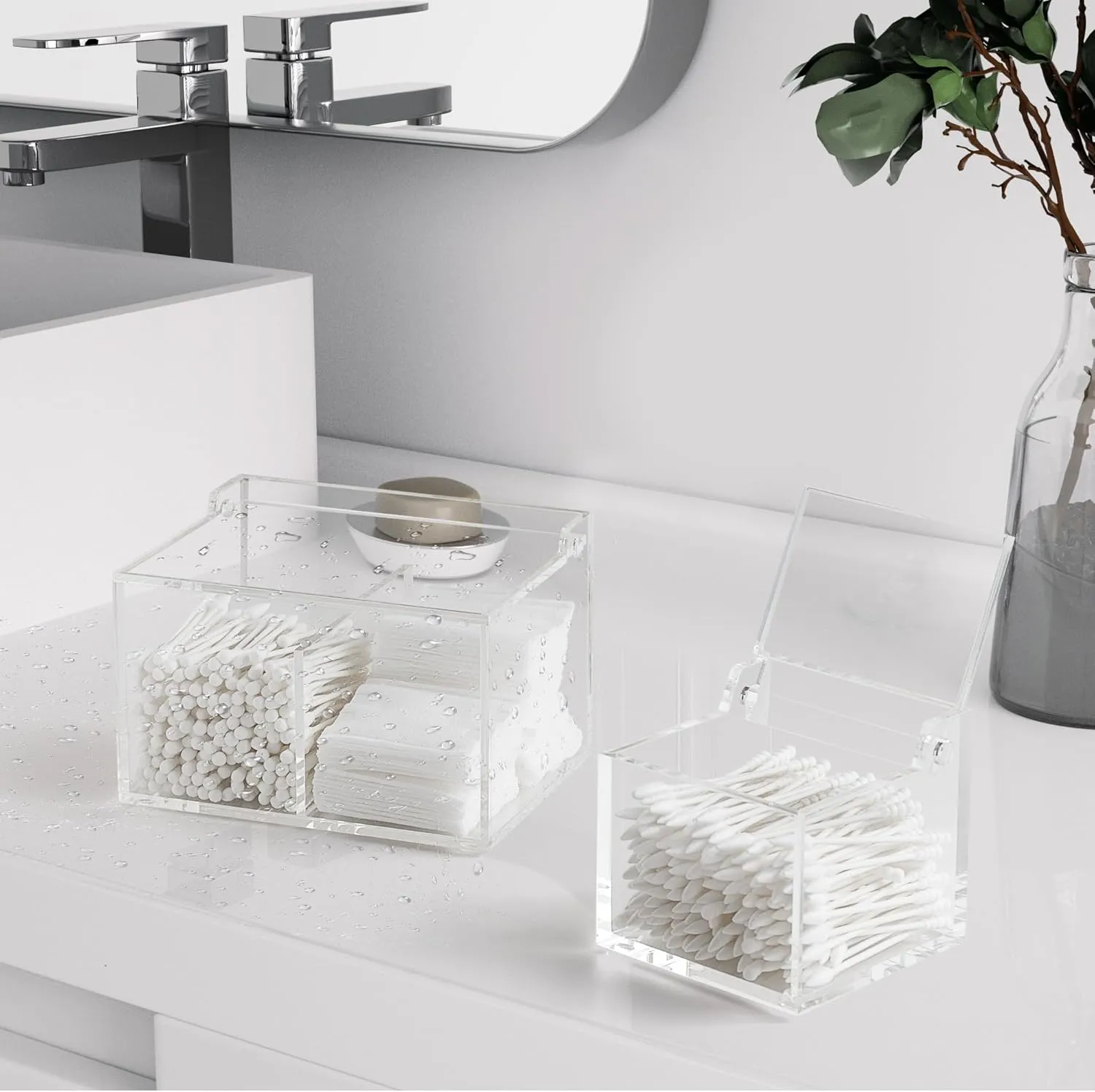 Clear Acrylic Cotton Swab Ball Holder Qtip Organizer with Lid 2-Grid Canister for Make Up Pads, Floss Picks, Vanity Storage,Bath Salts, Cosmetics, Home Bathroom Decor (DP004)