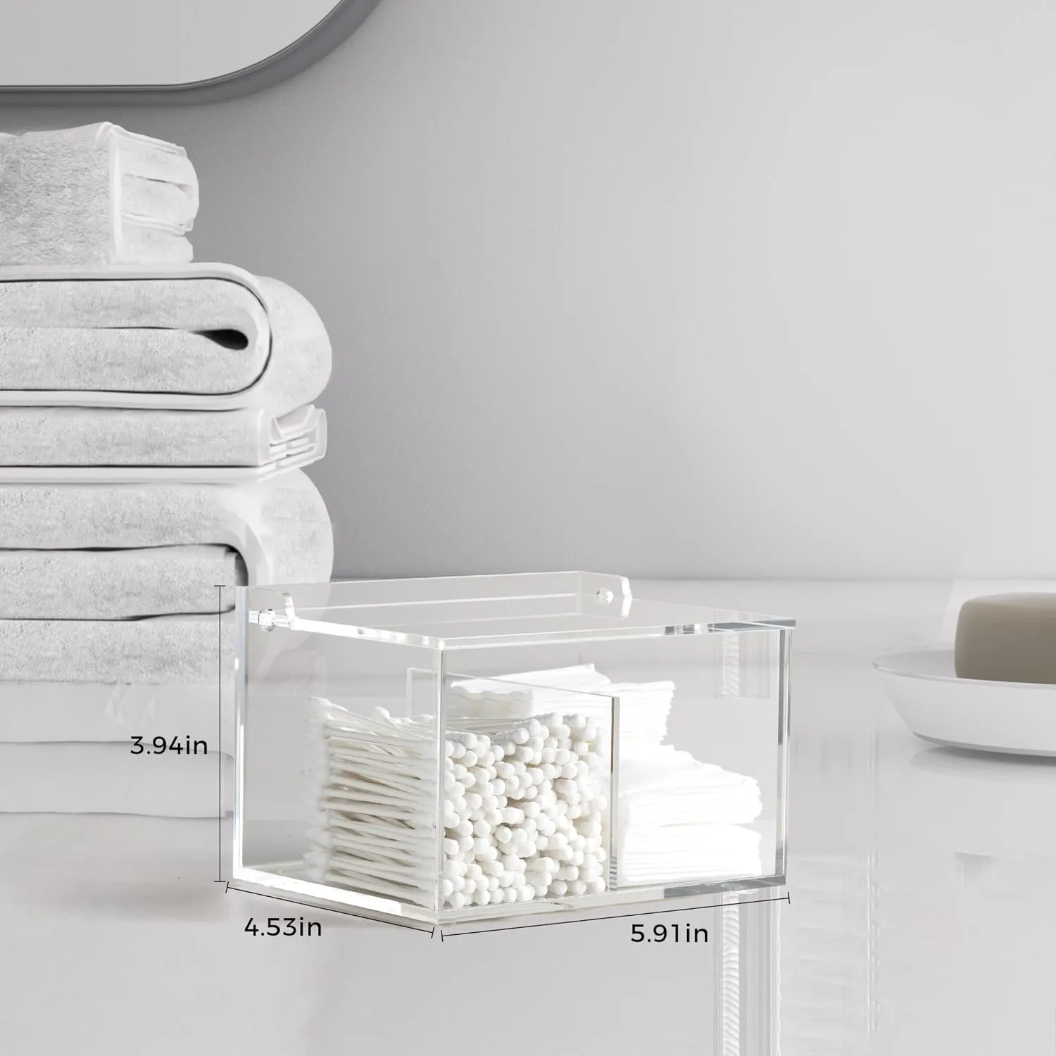 Clear Acrylic Cotton Swab Ball Holder Qtip Organizer with Lid 2-Grid Canister for Make Up Pads, Floss Picks, Vanity Storage,Bath Salts, Cosmetics, Home Bathroom Decor (DP004)