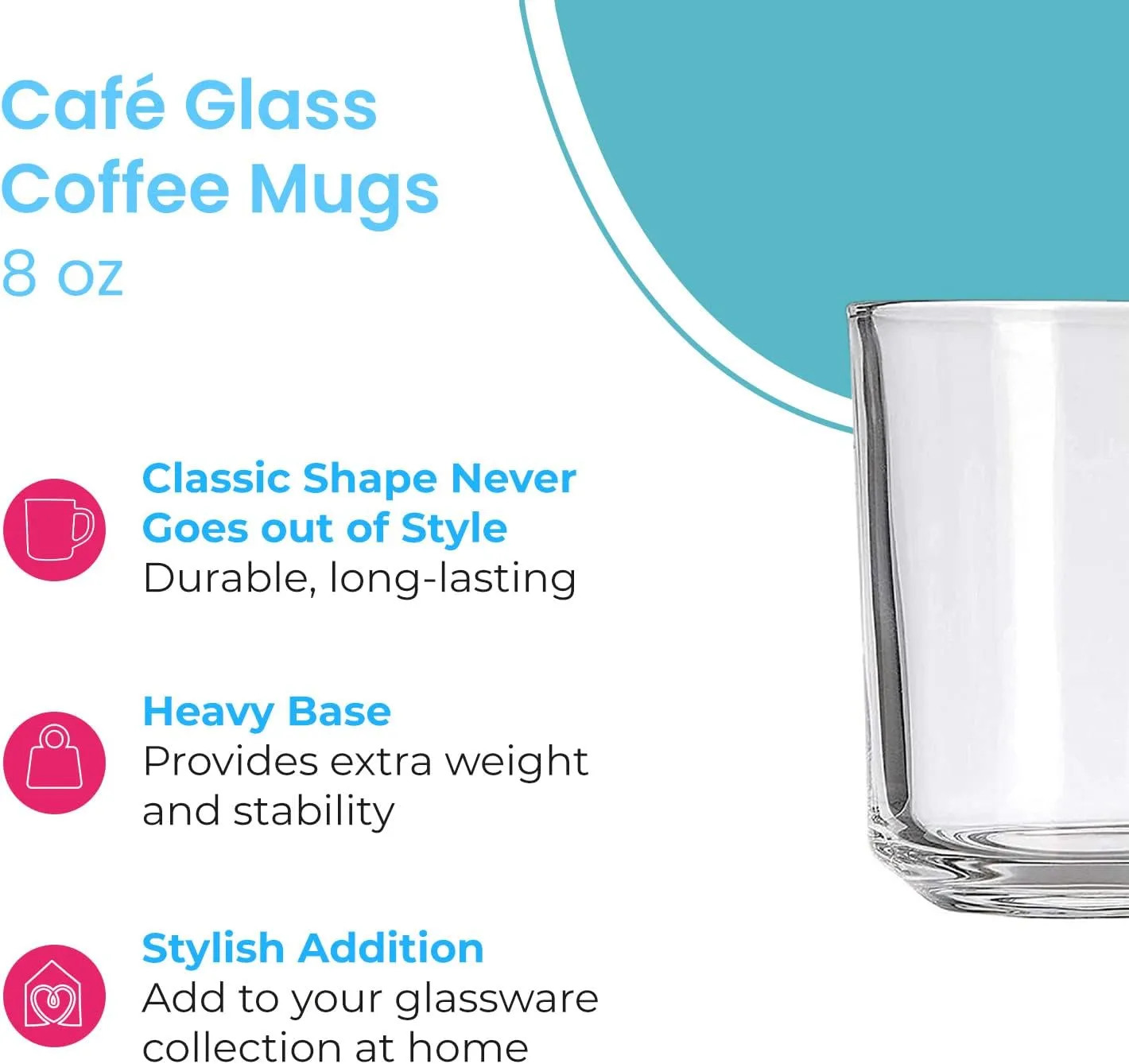 Clear Café Glass Coffee Mugs - 8 oz Heat Resistant Cups For Tea, Coffee, Espresso, Juice, Mulled Wine and More - Set of 6