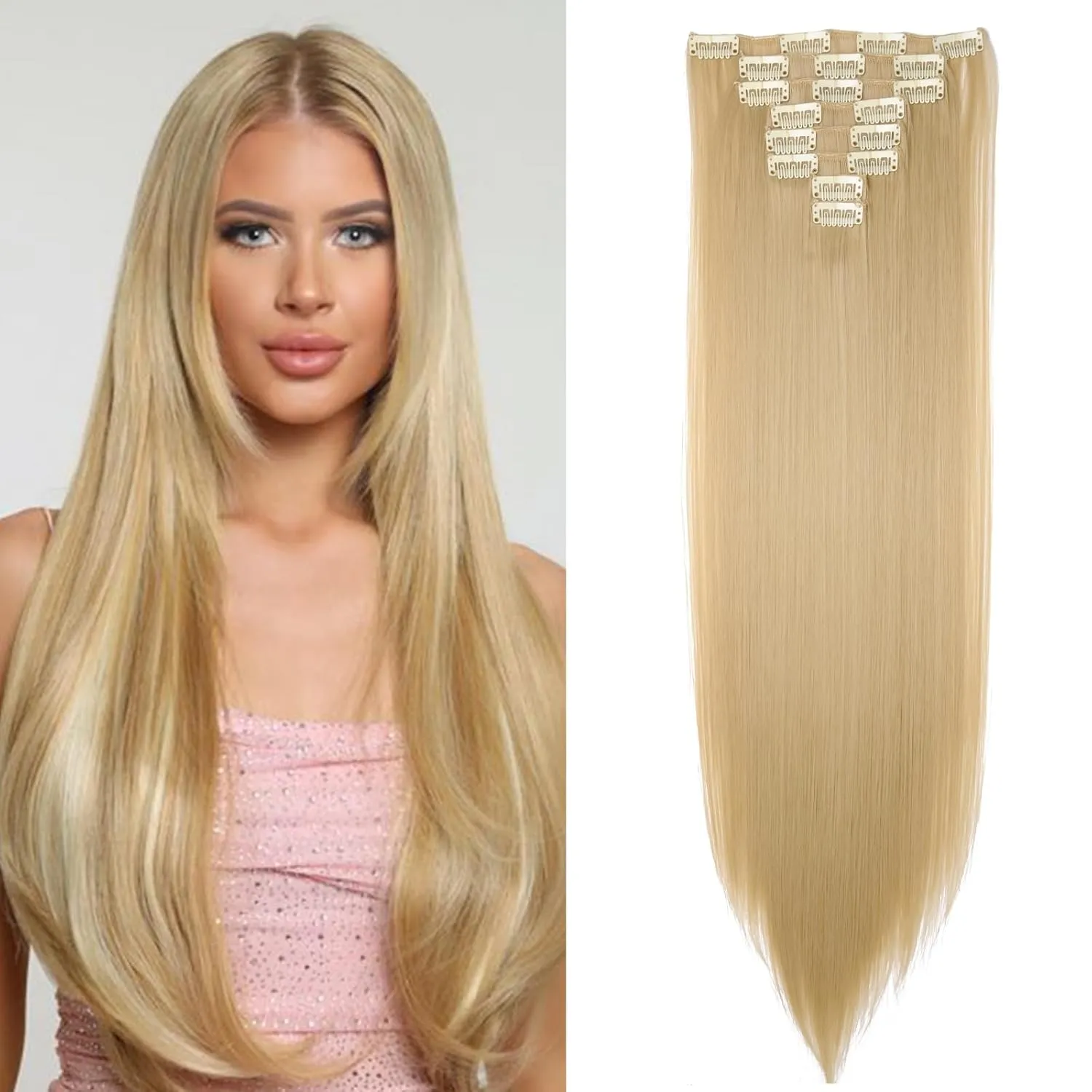 Clip In On Hair Extension 8pcs 18Clips 23" Straight Golden Mix Bleach Blonde Synthetic Heat Resistant Hairpieces Full Head Invisible Hairpiece(23" Straight,Golden Mix Bleach Blonde)