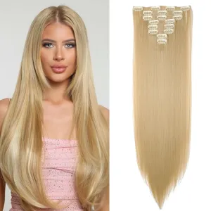 Clip In On Hair Extension 8pcs 18Clips 23" Straight Golden Mix Bleach Blonde Synthetic Heat Resistant Hairpieces Full Head Invisible Hairpiece(23" Straight,Golden Mix Bleach Blonde)