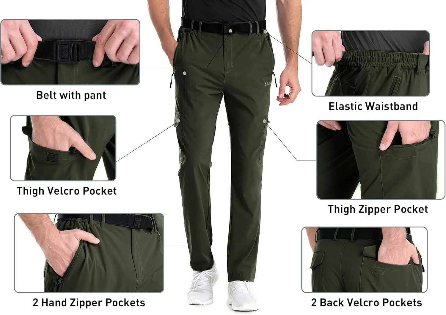 clothin Men's Elastic-Waist Travel Pant Stretchy Lightweight Pant Multi-Pockets Quick Dry Breathable