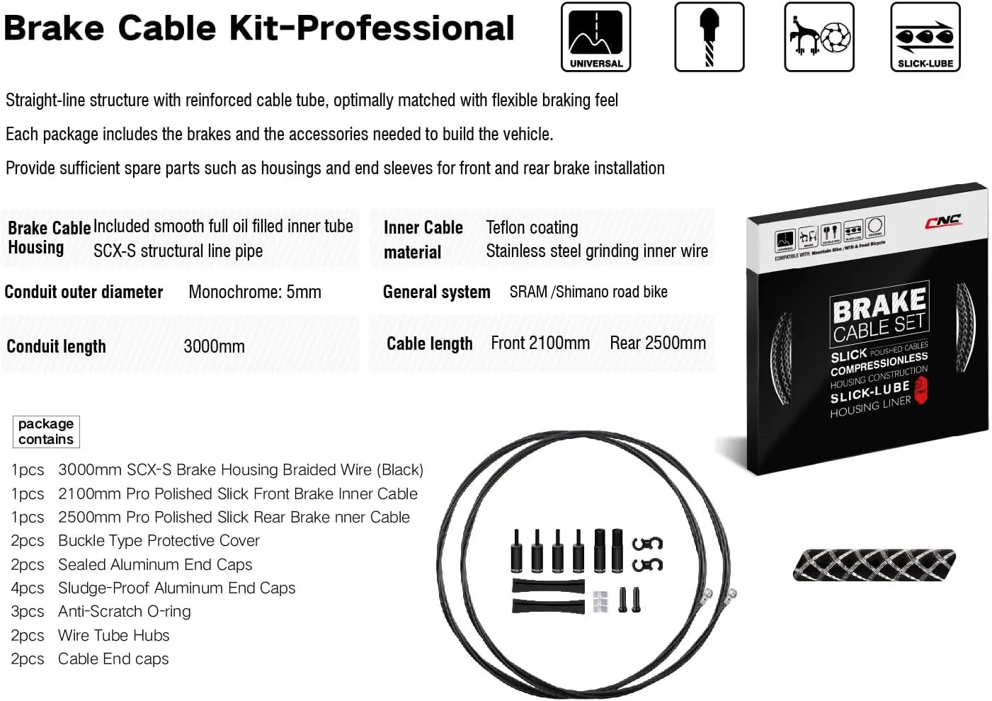CNC Road Bike Brake Cable Kit,Universal Brake Cable Housing Coated Braided & Teflon Inner line for Bicycle Road Bike（Black/Gold/Silver/Titanium Silver）