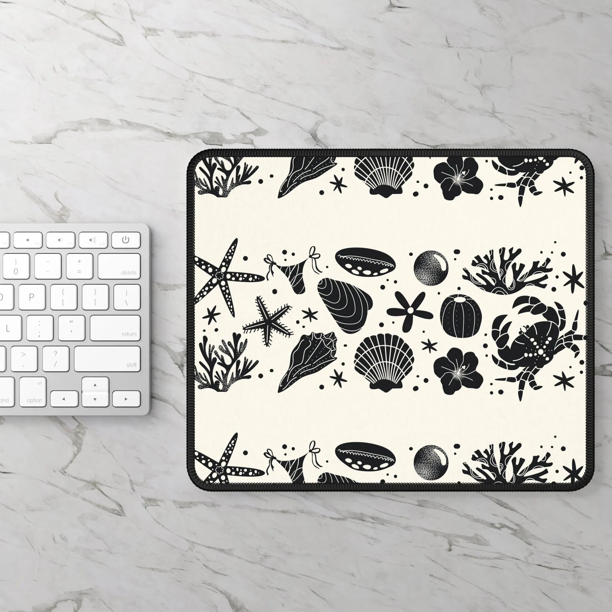 Coastal Sea Life Gaming Mouse Pad - Black & Cream Ocean Design for Gamer's Desk