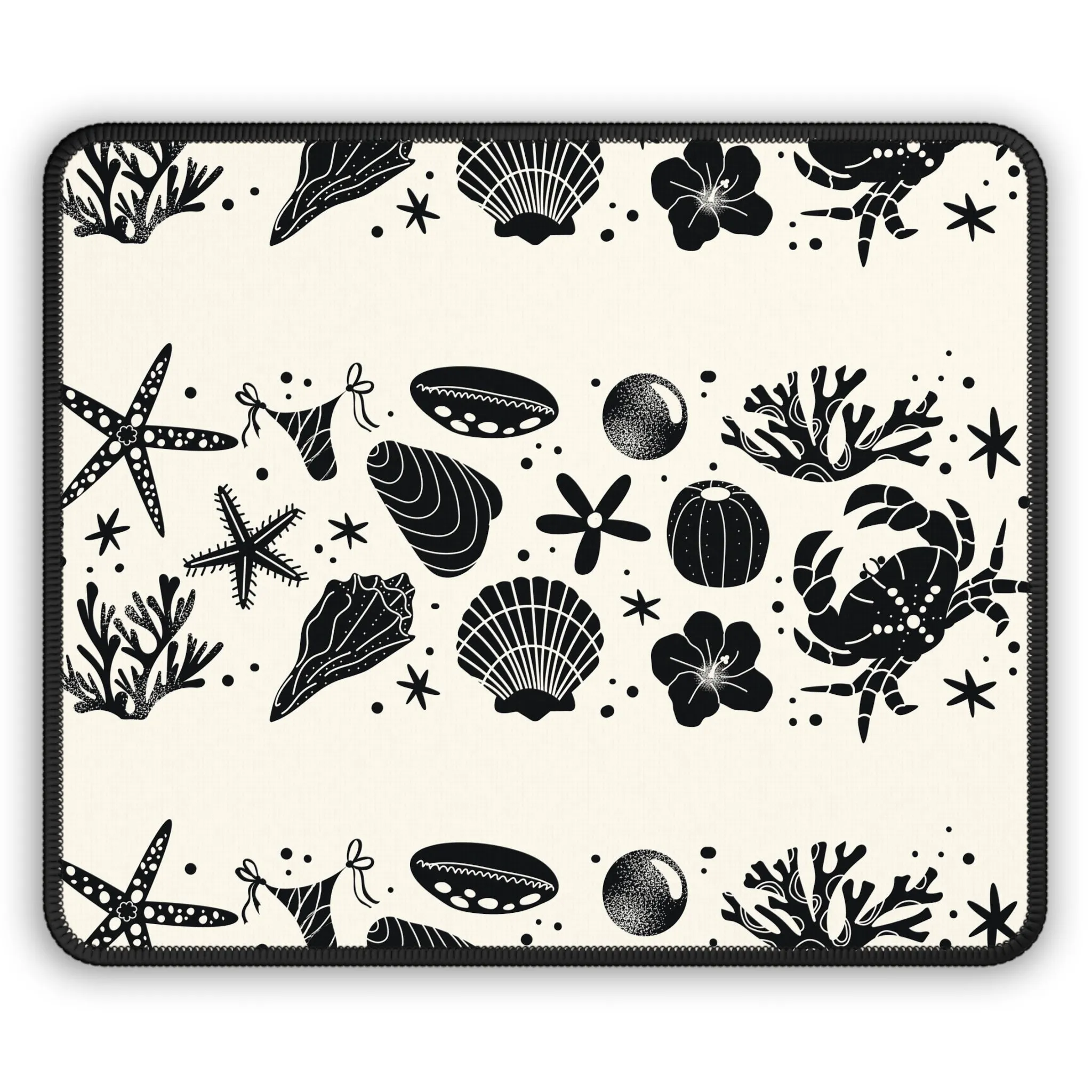 Coastal Sea Life Gaming Mouse Pad - Black & Cream Ocean Design for Gamer's Desk