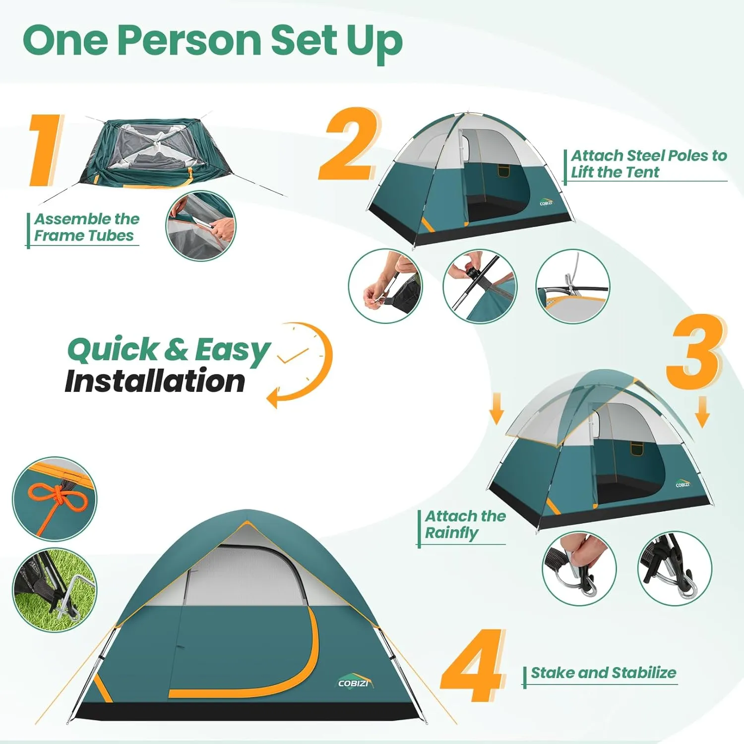 COBIZI Camping Tent, 4/6 Person Easy Setup Waterproof Windproof Backpacking Tent with Removable Rainfly, Lightweight Portable Outdoor Family Tents for Camping, Travel, Fishing, Hiking, Scouts