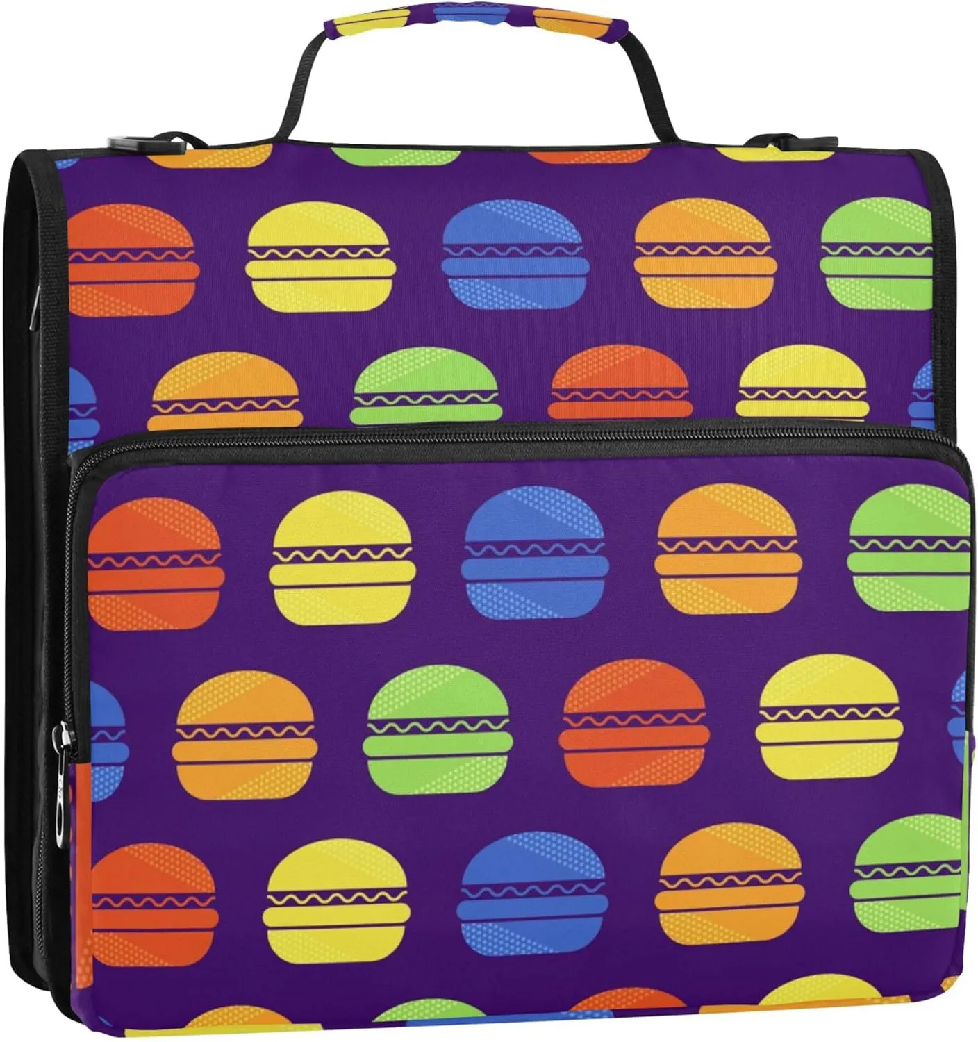 Colorful Burger Fast Food Zipper Binder, 1.5 inch 3 Ring Binder Organizer Bag with Shoulder Strap and Handle, Multi-Pocket, 500 Sheet Capacity