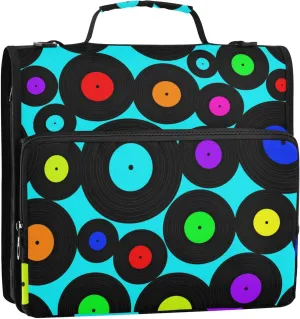Colorful Vinyl Record Discs Zipper Binder, 1.5 inch 3 Ring Binder Organizer Bag with Shoulder Strap and Handle, Multi-Pocket, 500 Sheet Capacity