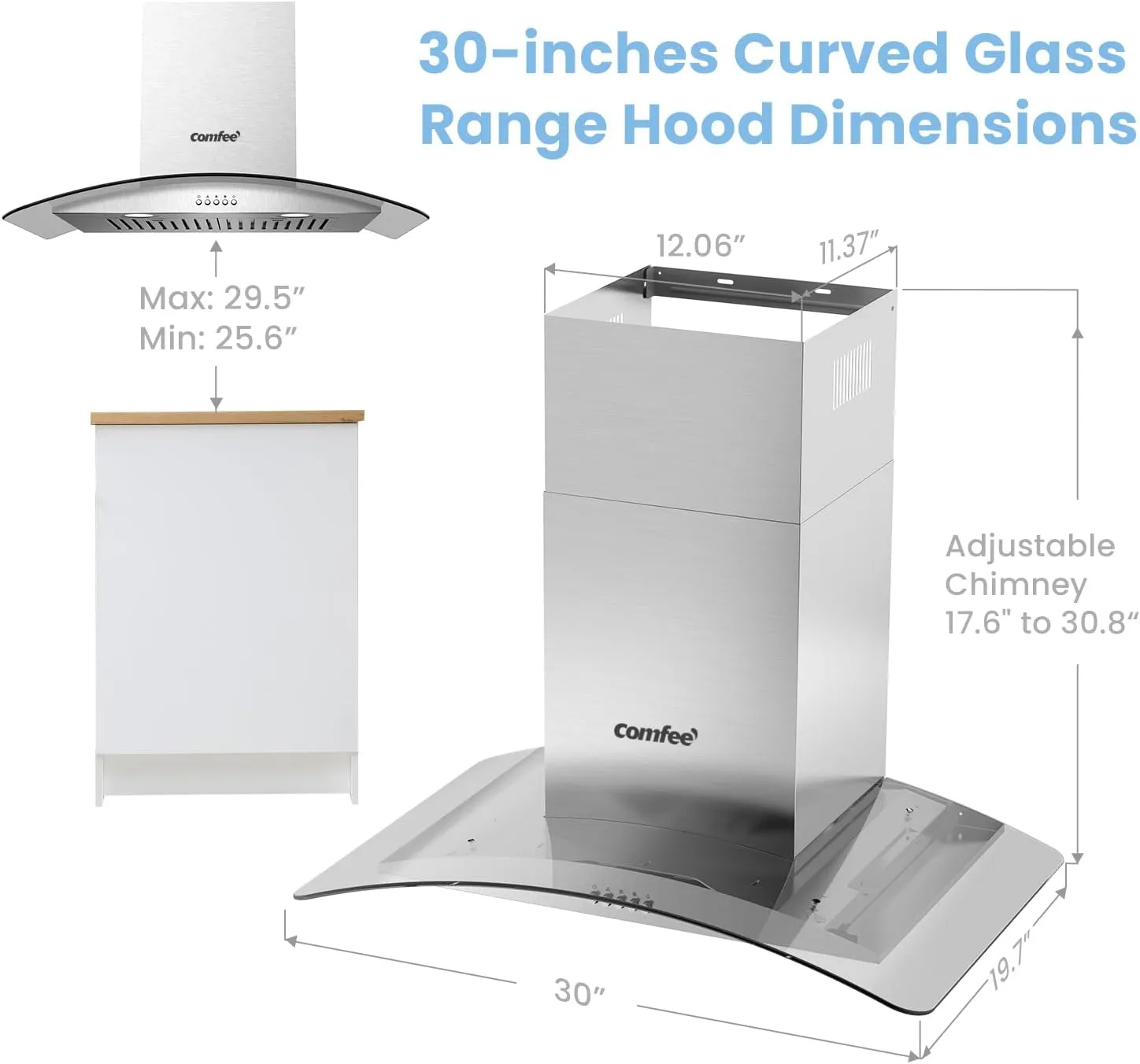 COMFEE' CVG30W8AST 30 Inches Ducted Wall Mount Vent Range Hood with 450 CFM 3 Speed Exhaust Fan, Baffle Filters, Curved Glass, 2 LED Lights, Convertible to Ductless, Stainless Steel