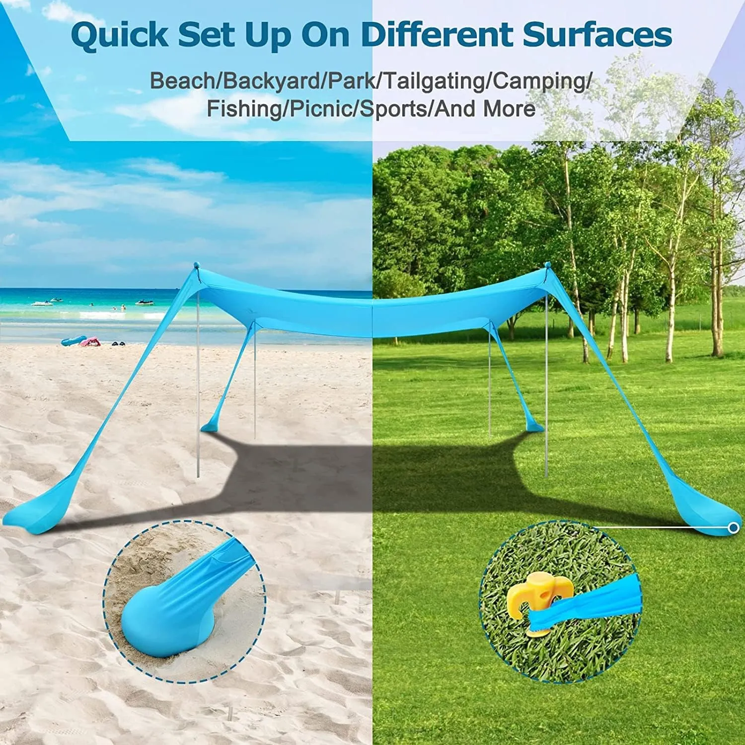COMMOUDS Beach Tent Sun Shelter - UPF50  Pop Up Beach Canopy with Sandbags & Sand Shovel & Windproof Poles, Portable Sun Shade for Beach, Camping, Picnics, Backyard