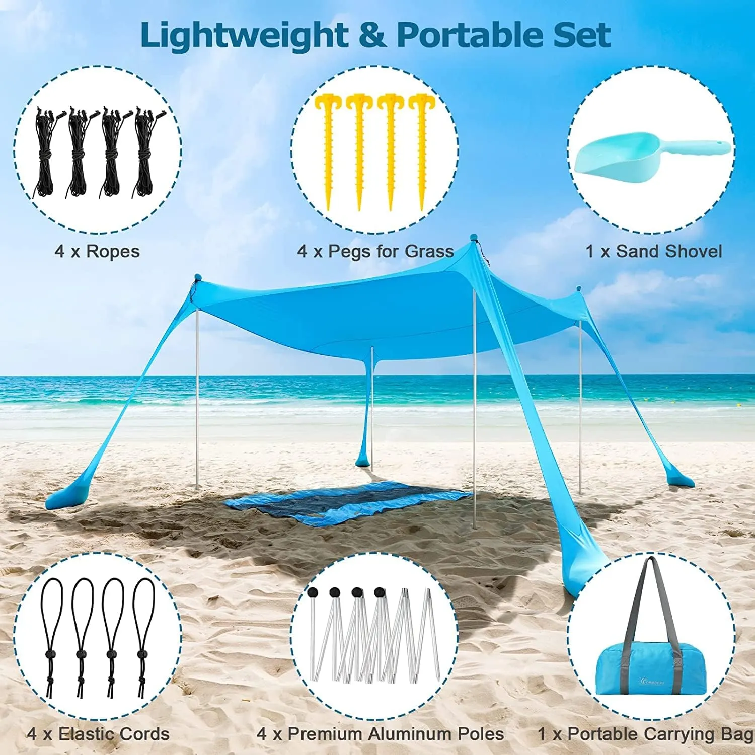 COMMOUDS Beach Tent Sun Shelter - UPF50  Pop Up Beach Canopy with Sandbags & Sand Shovel & Windproof Poles, Portable Sun Shade for Beach, Camping, Picnics, Backyard