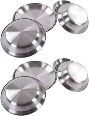 Complete Messware Kit, 12pcs Stainless Steel Camping Plates Bowls Set with Storage Bag for and Reusable Camping Dining