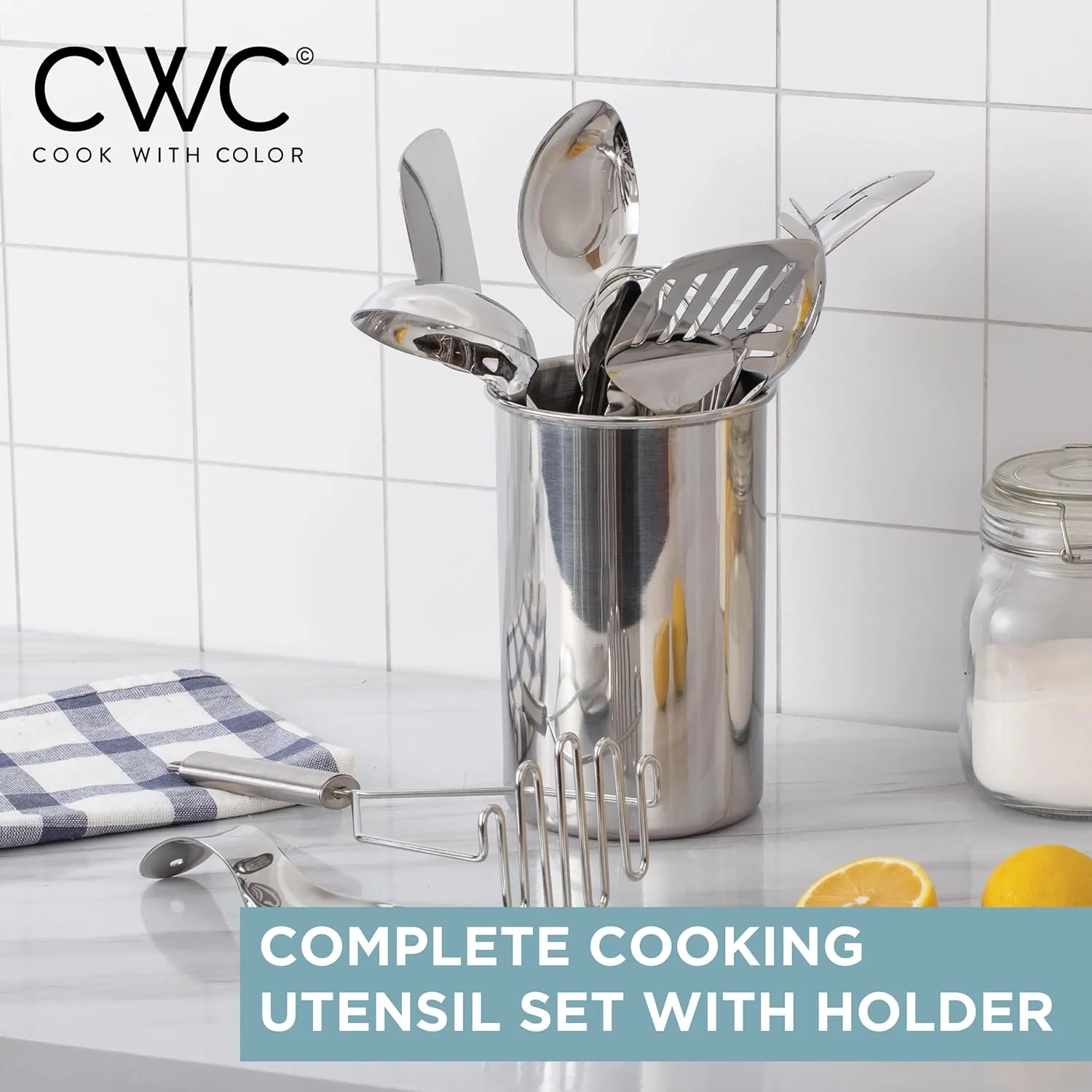 COOK WITH COLOR Kitchen Utensil Set - 10-piece premium Nonstick & Heat Resistant Kitchen Gadgets, Turner, Spaghetti Server, Serving Spoons, Whisk, Tongs, Masher & Utensil Holder, Stainless Steel