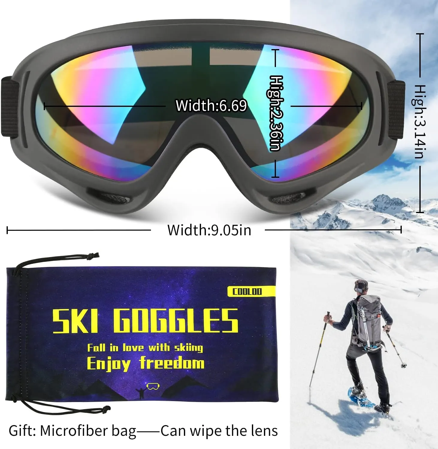 COOLOO Ski Goggles, 2 Pack Snow Goggles Snowboard Goggles for Men Women Kids - UV Protection Foam Anti-Scratch Dustproof