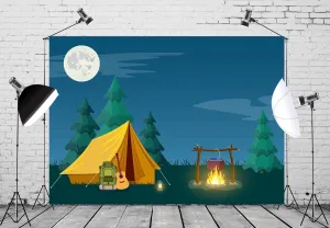 CORFOTO Fabric 8x6ft Camp Backdrop Night Forest Campfire Tent Hiking Trip Photo Booth Banner Camping Themed Birthday Party Decorations Photography Frame Props Kids Bedroom Polyester Wallpaper