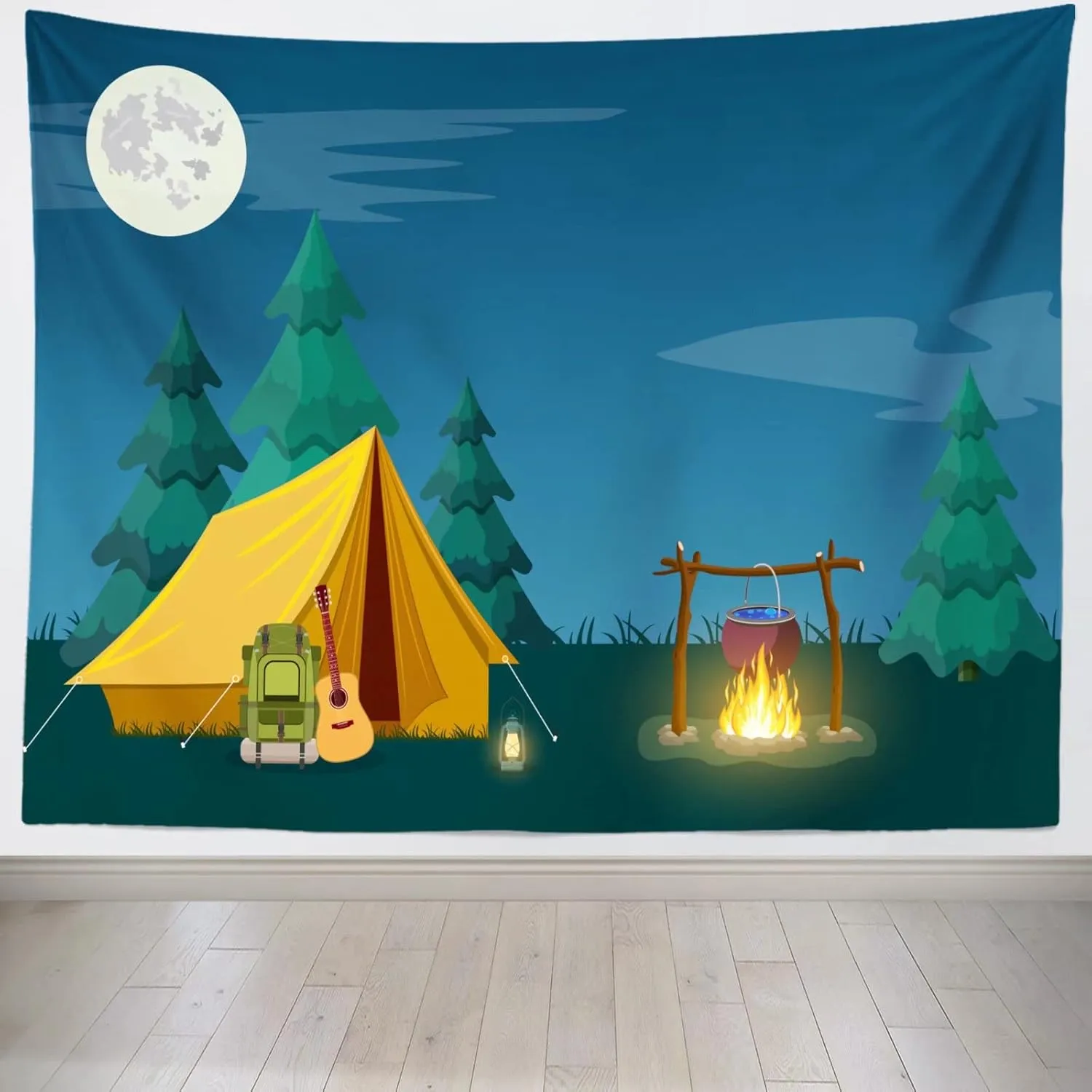 CORFOTO Fabric 8x6ft Camp Backdrop Night Forest Campfire Tent Hiking Trip Photo Booth Banner Camping Themed Birthday Party Decorations Photography Frame Props Kids Bedroom Polyester Wallpaper