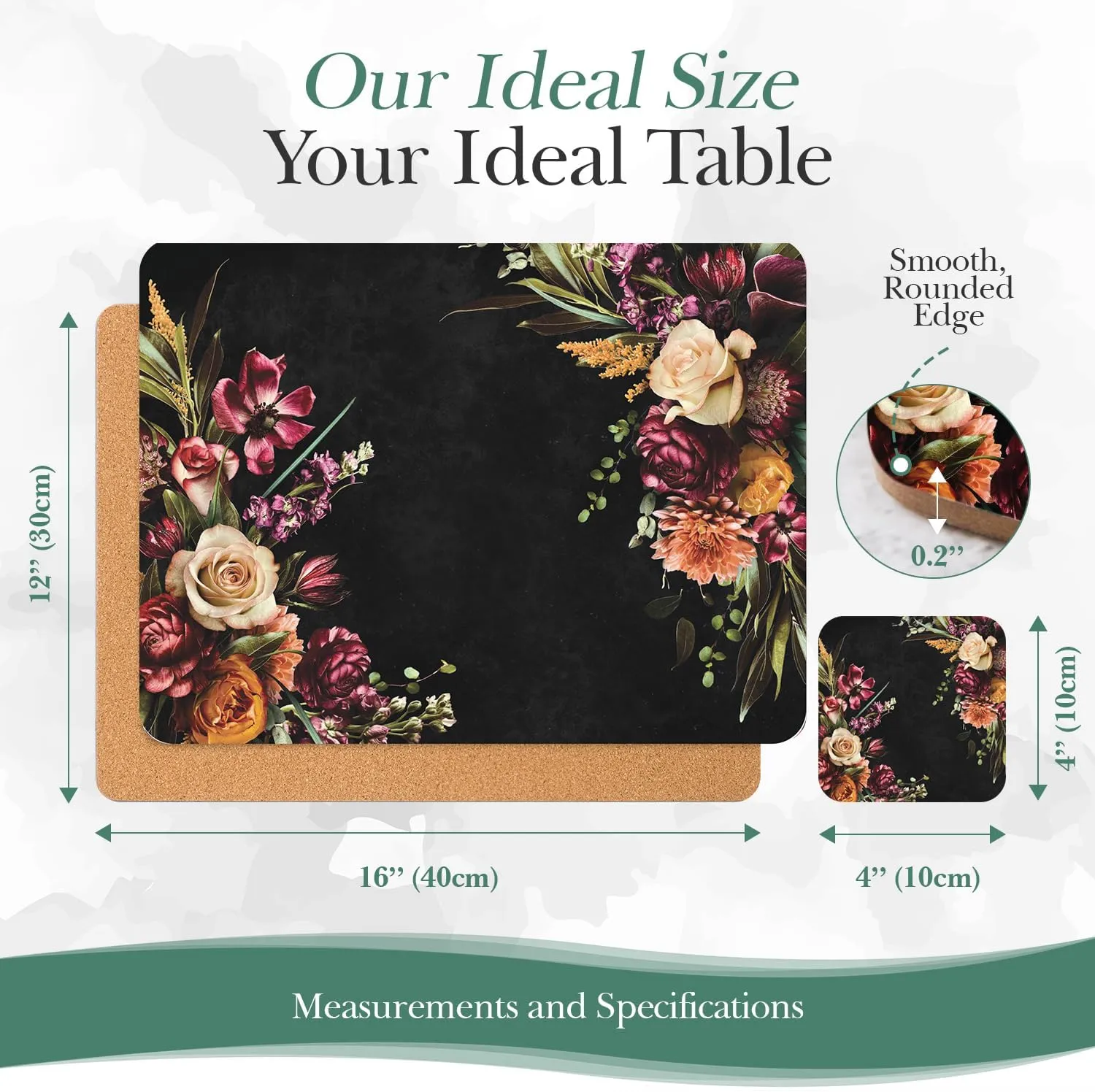 Cork Placemats Set of 6 and Matching Coasters (12 Pieces) - Heat Resistant Place Mats 16" x 12", Hard Backed (Tapestry Black)