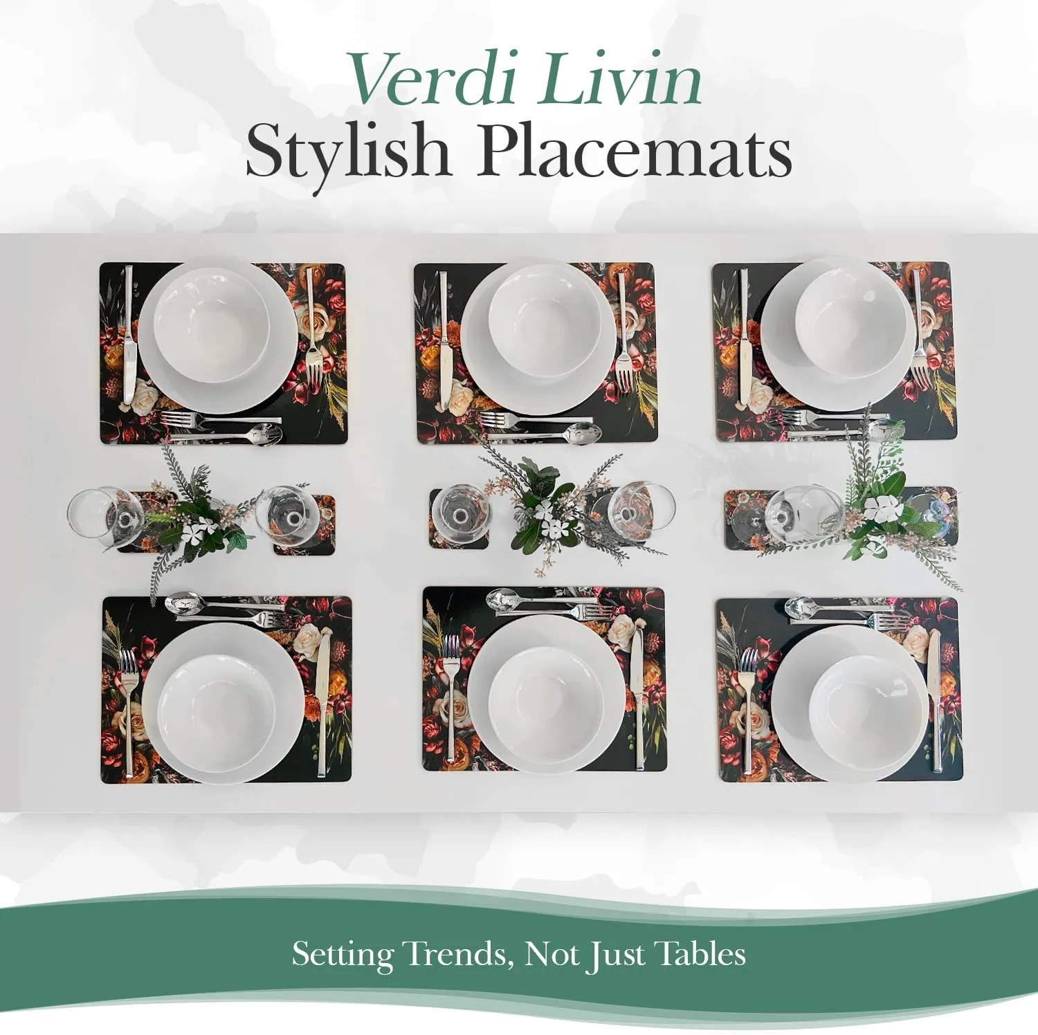 Cork Placemats Set of 6 and Matching Coasters (12 Pieces) - Heat Resistant Place Mats 16" x 12", Hard Backed (Tapestry Black)