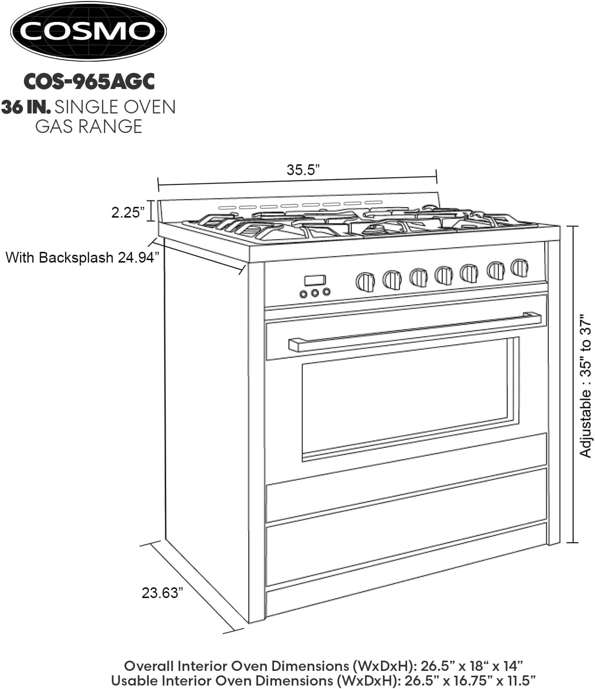 COSMO COS-965AGC 36 in. Gas Range with 5 Burner Cooktop, 3.8 cu. ft. Capacity Rapid Convection Oven with 5 Functions, Heavy Duty Cast Iron Grates in Stainless Steel, 36 inches