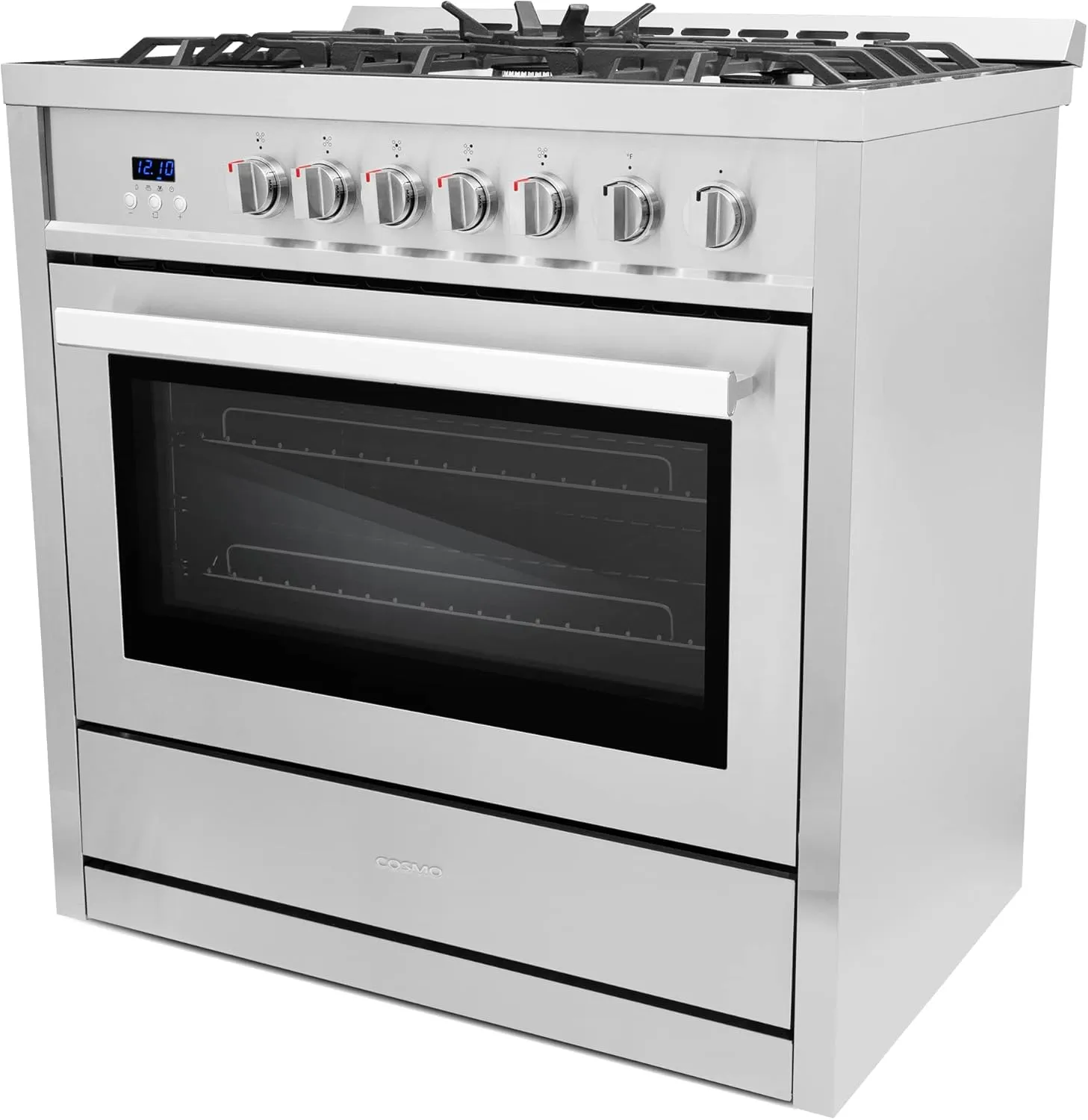 COSMO COS-965AGC 36 in. Gas Range with 5 Burner Cooktop, 3.8 cu. ft. Capacity Rapid Convection Oven with 5 Functions, Heavy Duty Cast Iron Grates in Stainless Steel, 36 inches