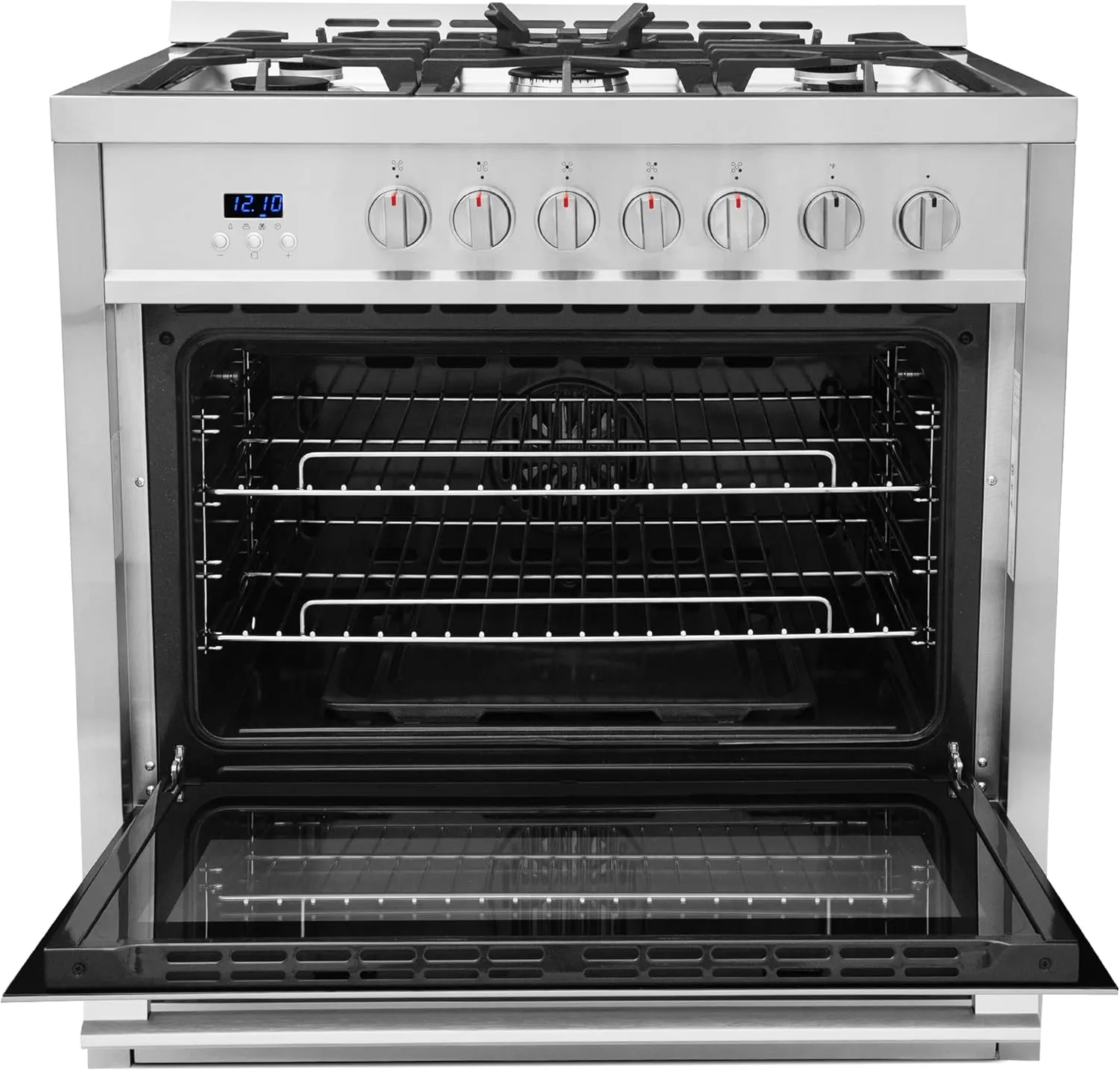 COSMO COS-965AGC 36 in. Gas Range with 5 Burner Cooktop, 3.8 cu. ft. Capacity Rapid Convection Oven with 5 Functions, Heavy Duty Cast Iron Grates in Stainless Steel, 36 inches
