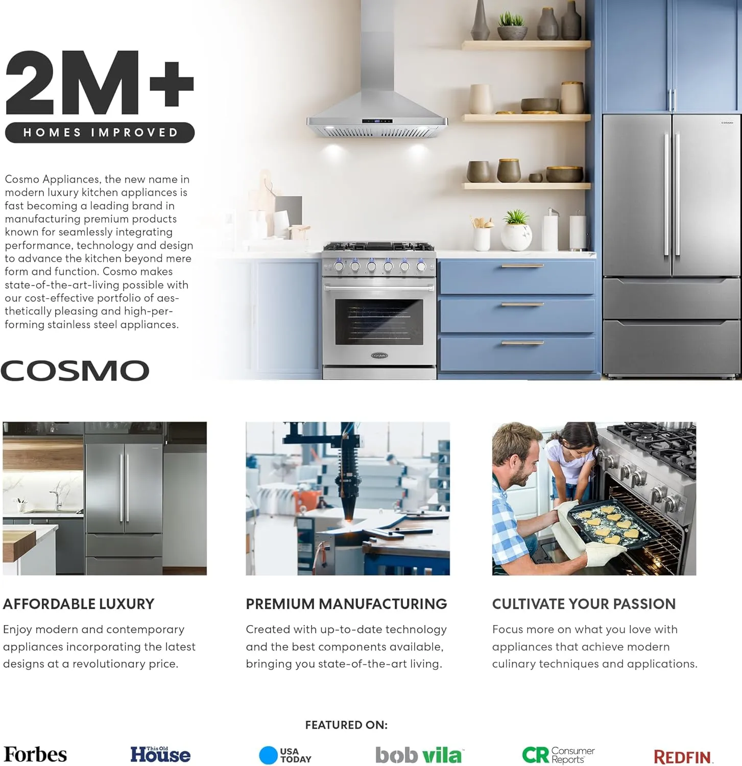 COSMO COS-965AGC 36 in. Gas Range with 5 Burner Cooktop, 3.8 cu. ft. Capacity Rapid Convection Oven with 5 Functions, Heavy Duty Cast Iron Grates in Stainless Steel, 36 inches