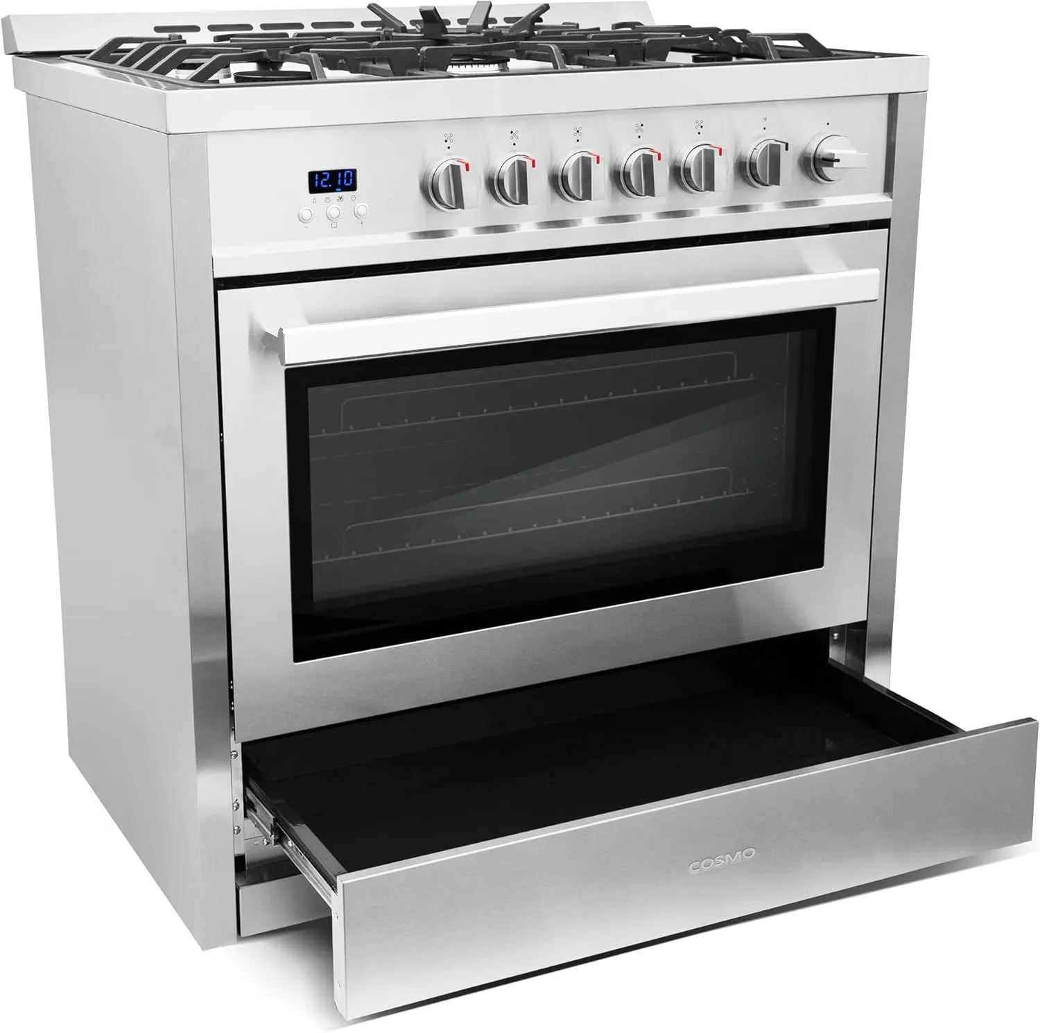 COSMO COS-965AGC 36 in. Gas Range with 5 Burner Cooktop, 3.8 cu. ft. Capacity Rapid Convection Oven with 5 Functions, Heavy Duty Cast Iron Grates in Stainless Steel, 36 inches