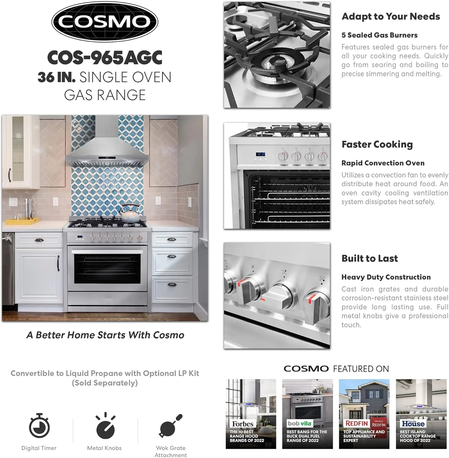 COSMO COS-965AGC 36 in. Gas Range with 5 Burner Cooktop, 3.8 cu. ft. Capacity Rapid Convection Oven with 5 Functions, Heavy Duty Cast Iron Grates in Stainless Steel, 36 inches