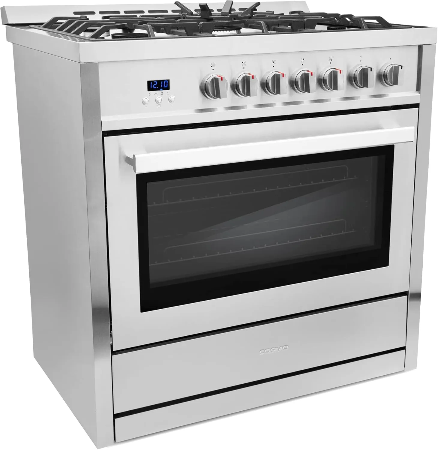 COSMO COS-965AGC 36 in. Gas Range with 5 Burner Cooktop, 3.8 cu. ft. Capacity Rapid Convection Oven with 5 Functions, Heavy Duty Cast Iron Grates in Stainless Steel, 36 inches