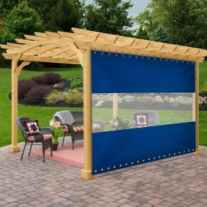 Covers & All Outdoor Curtains for Patio Waterproof, 18 oz PVC Polyester Tear and UV Resistant Clear Panel Curtain Featuring Rust-Free Grommets, Ideal for Patios, and Pergola (7' H x 8' W Feet, Blue)