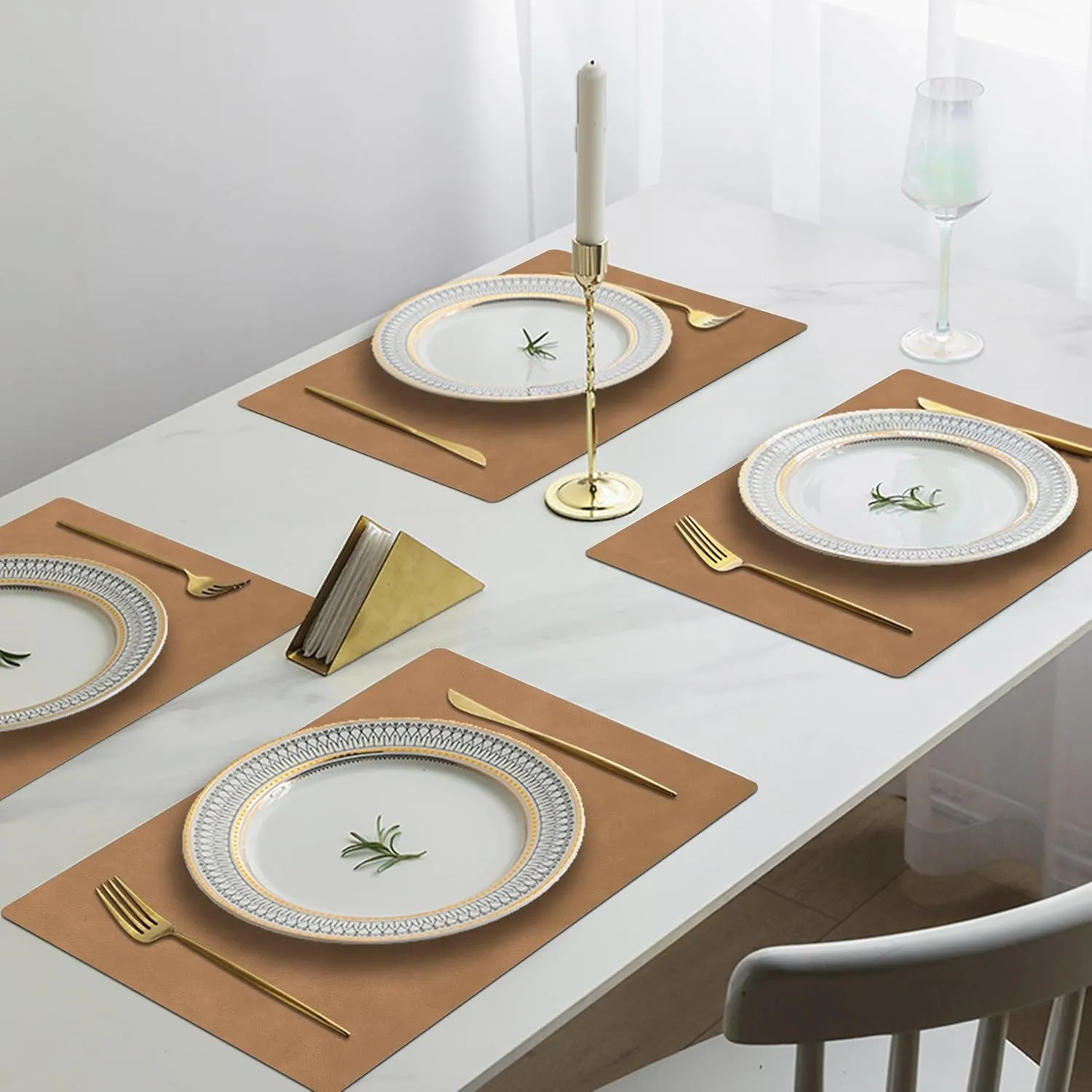 Cowhide Pattern Placemats Set of 6, Faux Leather Place Mats Heat Resistant Non-Slip Waterproof Wipeable Kitchen Dining Reversible Table Mat for Indoor & Outdoor,Camel