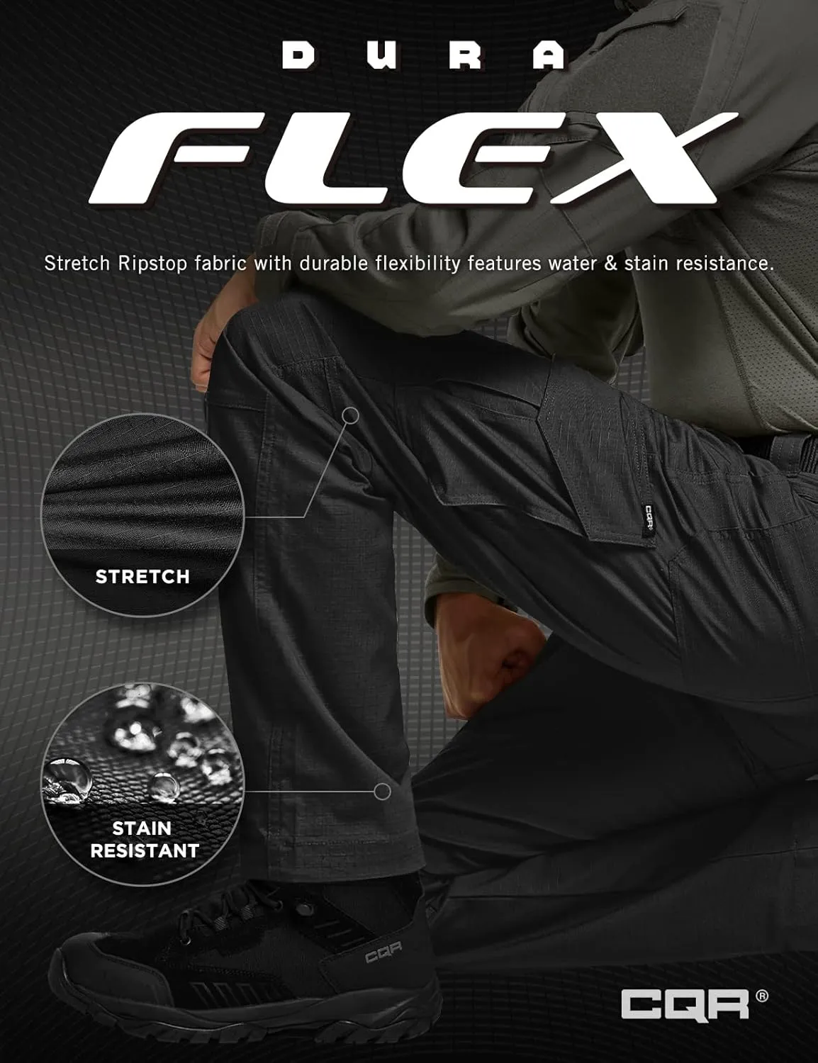CQR Men's Flex Ripstop Tactical Pants, Water Resistant Stretch Cargo Pants, Lightweight EDC Hiking Work Pants