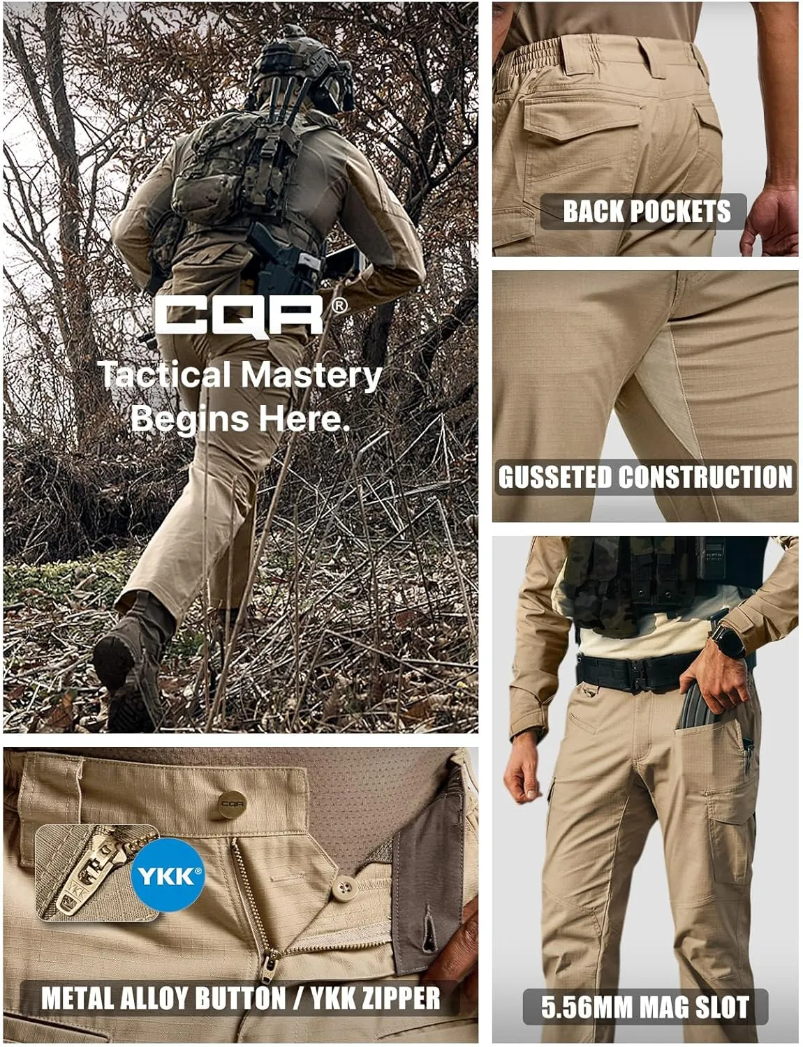 CQR Men's Flex Ripstop Tactical Pants, Water Resistant Stretch Cargo Pants, Lightweight EDC Hiking Work Pants