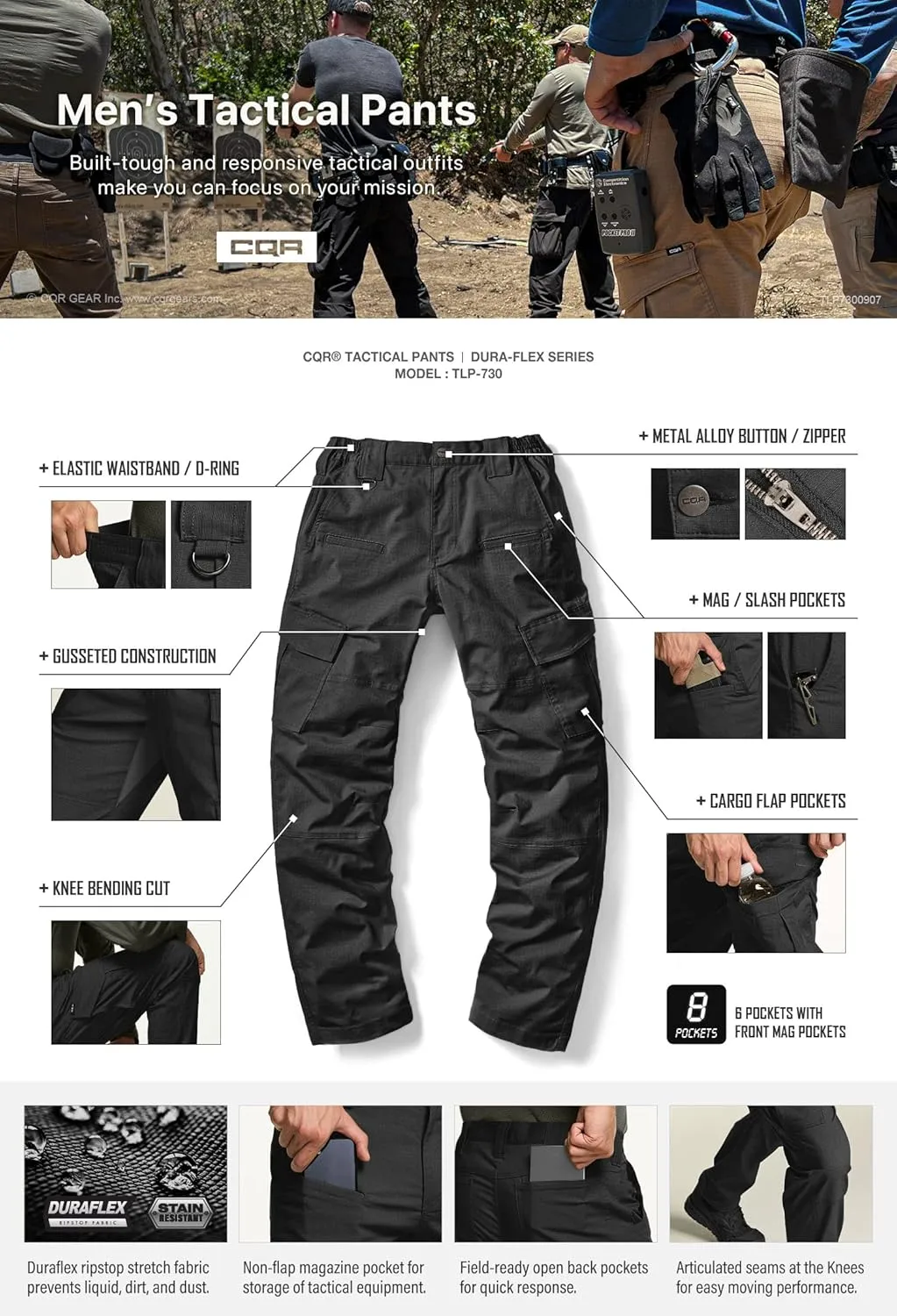 CQR Men's Flex Ripstop Tactical Pants, Water Resistant Stretch Cargo Pants, Lightweight EDC Hiking Work Pants