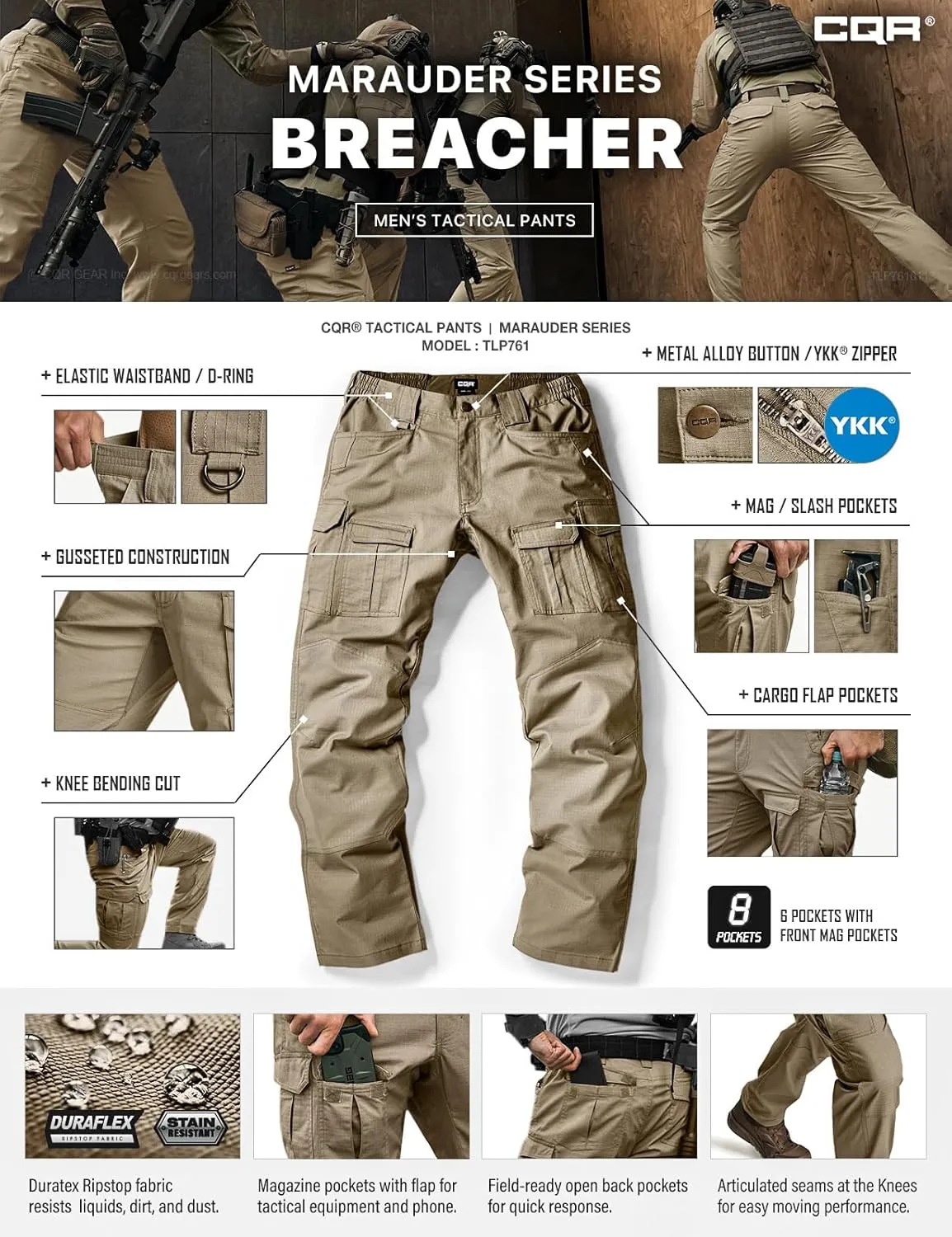 CQR Men's Flex Ripstop Tactical Pants, Water Resistant Stretch Cargo Pants, Lightweight EDC Hiking Work Pants