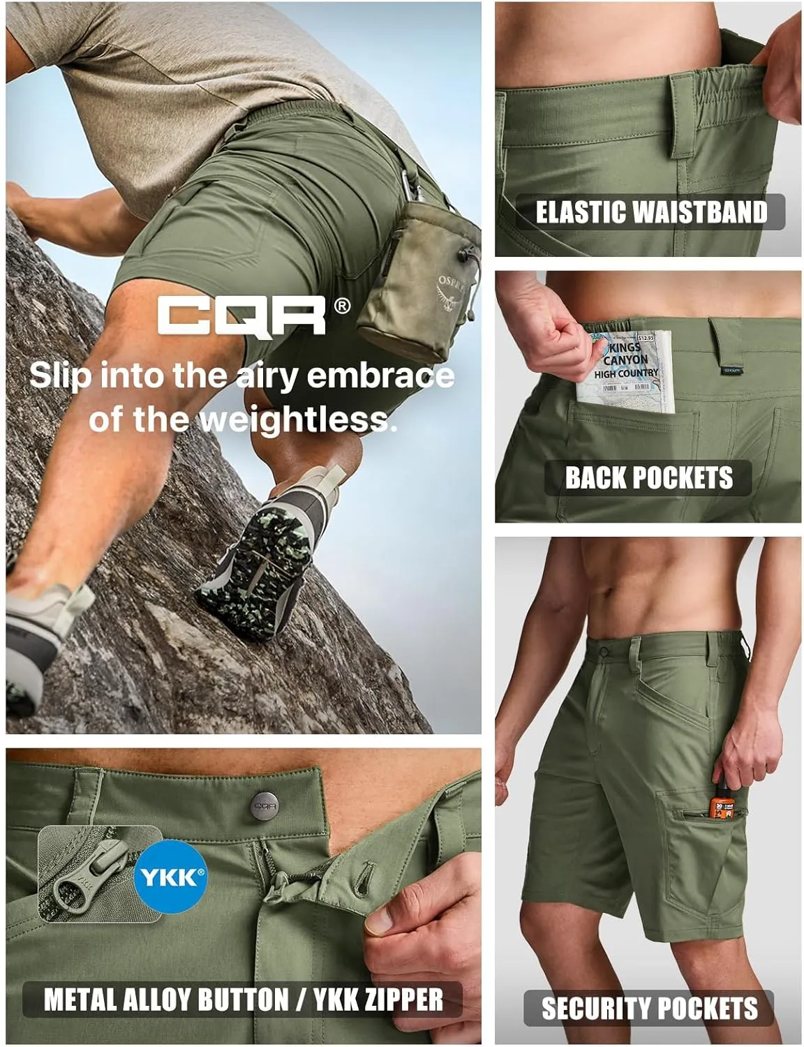 CQR Men's Quick Dry Stretch Hiking Cargo Shorts, Lightweight Water Resistant Tactical Casual, Golf & Outdoor with Pockets