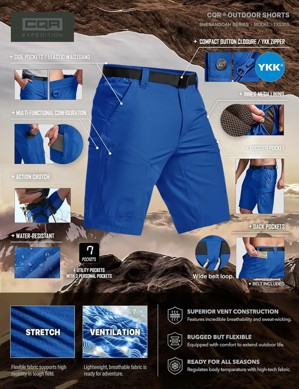 CQR Men's Quick Dry Stretch Hiking Cargo Shorts, Lightweight Water Resistant Tactical Casual, Golf & Outdoor with Pockets