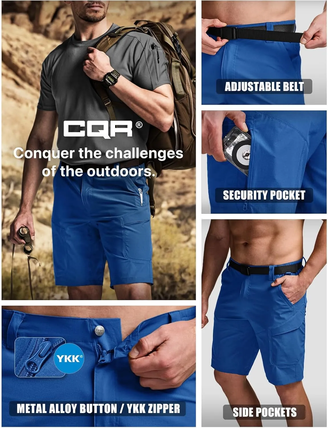 CQR Men's Quick Dry Stretch Hiking Cargo Shorts, Lightweight Water Resistant Tactical Casual, Golf & Outdoor with Pockets