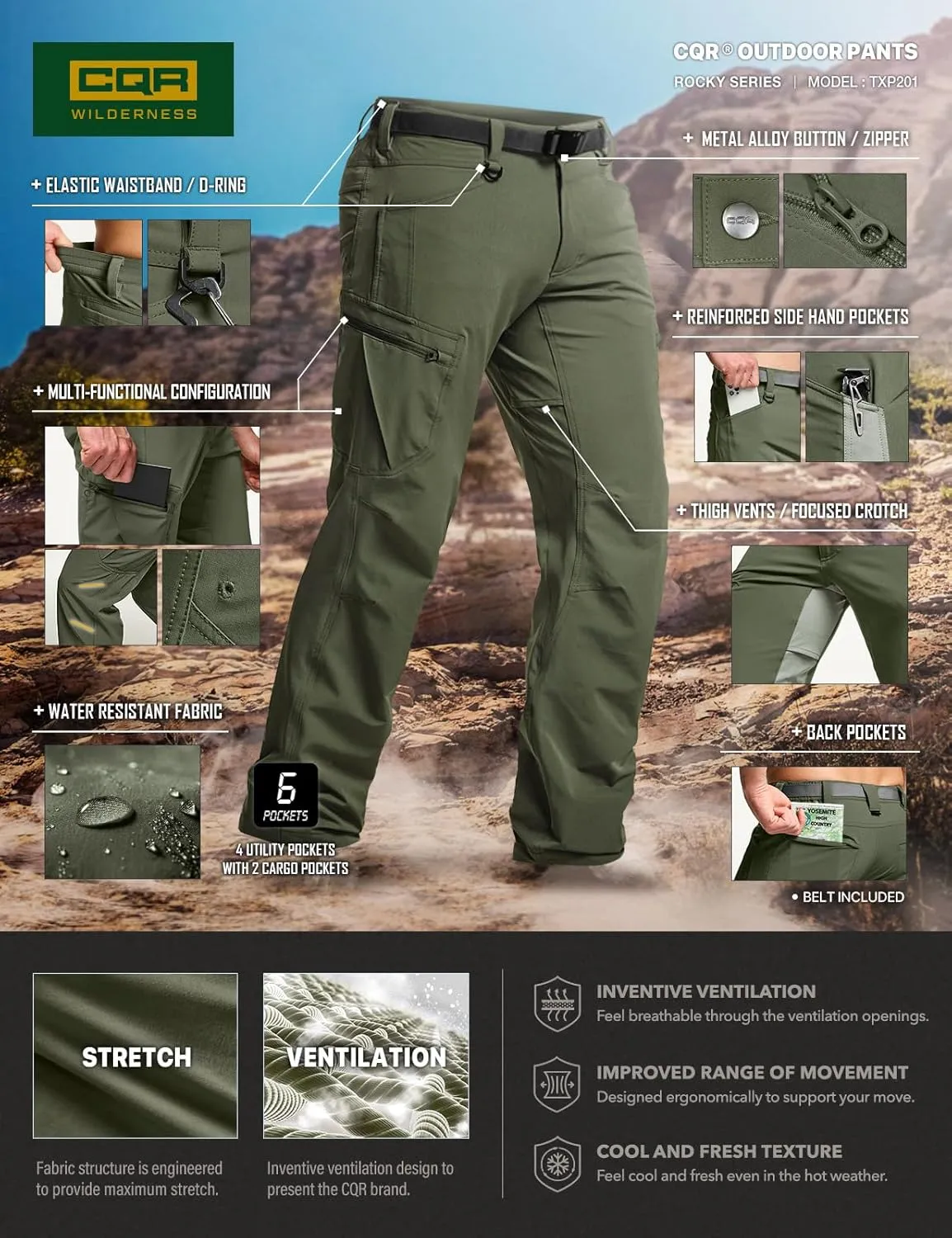 CQR Men's Quick Dry Tactical Pants, Water Resistant Outdoor Pants, Lightweight Stretch Cargo Work Hiking Pants