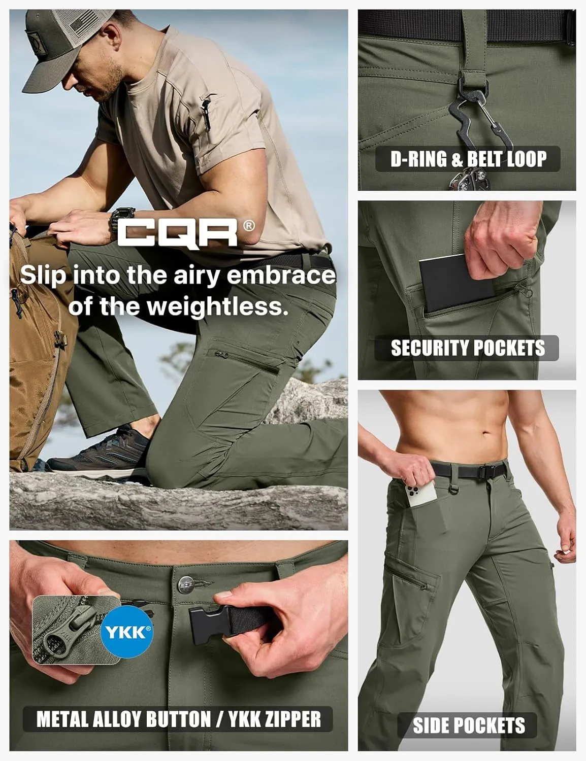CQR Men's Quick Dry Tactical Pants, Water Resistant Outdoor Pants, Lightweight Stretch Cargo Work Hiking Pants