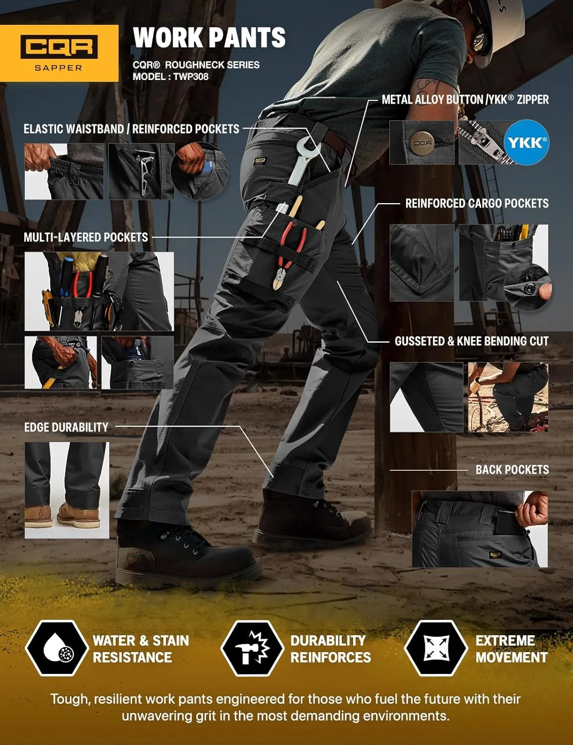 CQR Men's Quick Dry Work Pants, Water Resistant Outdoor Tactical Pants, Lightweight Stretch Cargo Hiking Pants