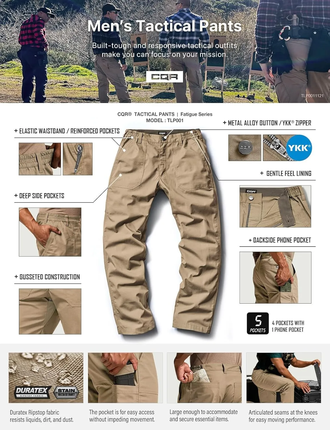 CQR Men's Quick Dry Work Pants, Water Resistant Outdoor Tactical Pants, Lightweight Stretch Cargo Hiking Pants