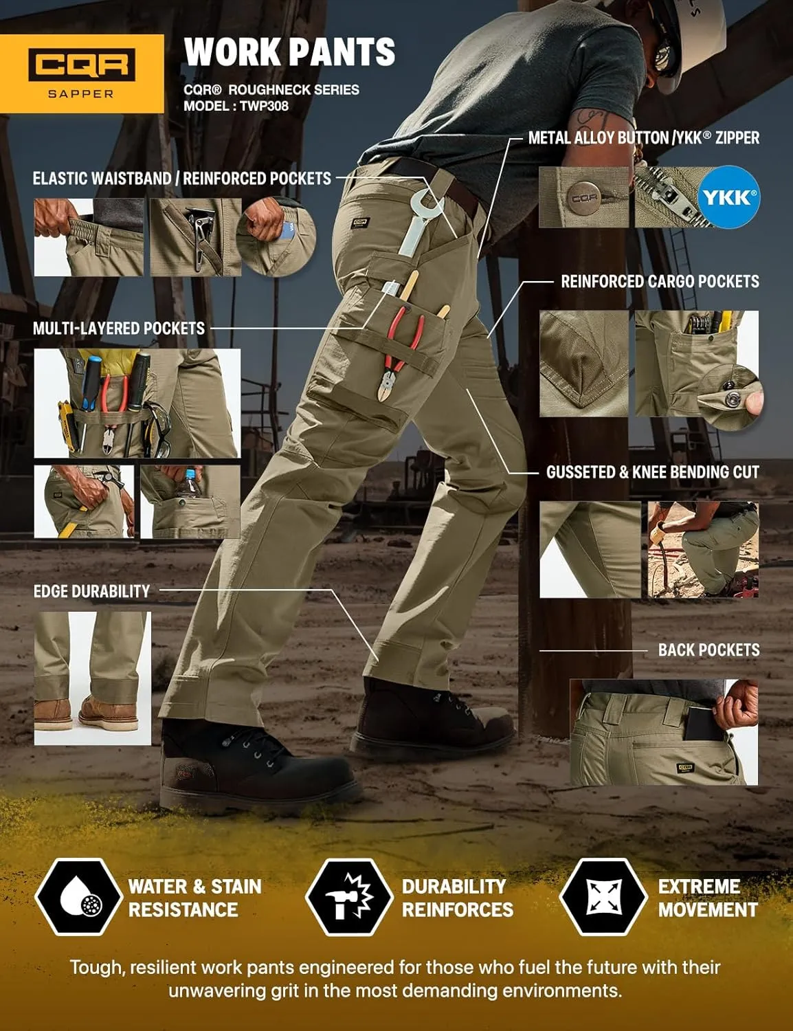 CQR Men's Quick Dry Work Pants, Water Resistant Outdoor Tactical Pants, Lightweight Stretch Cargo Hiking Pants