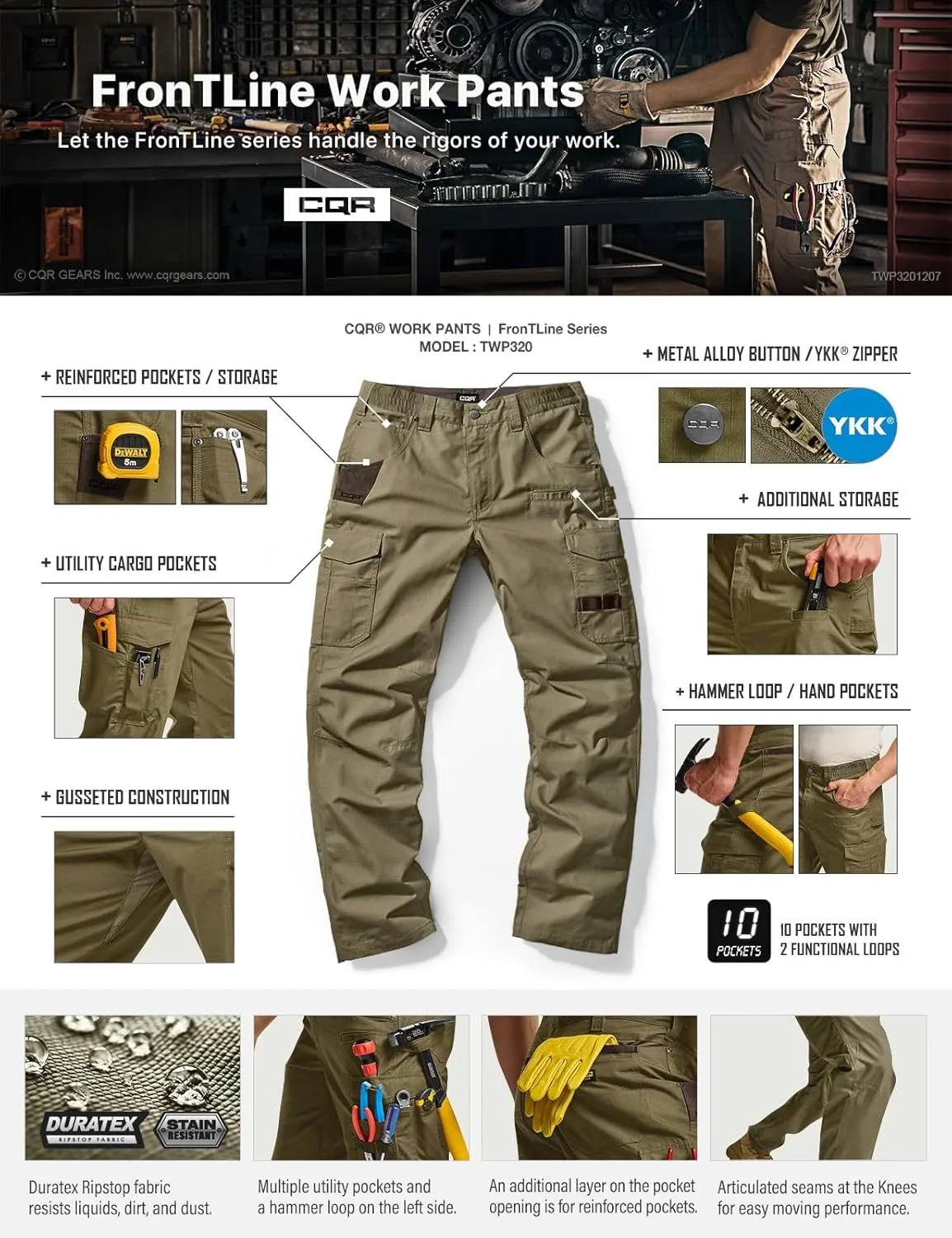 CQR Men's Quick Dry Work Pants, Water Resistant Outdoor Tactical Pants, Lightweight Stretch Cargo Hiking Pants