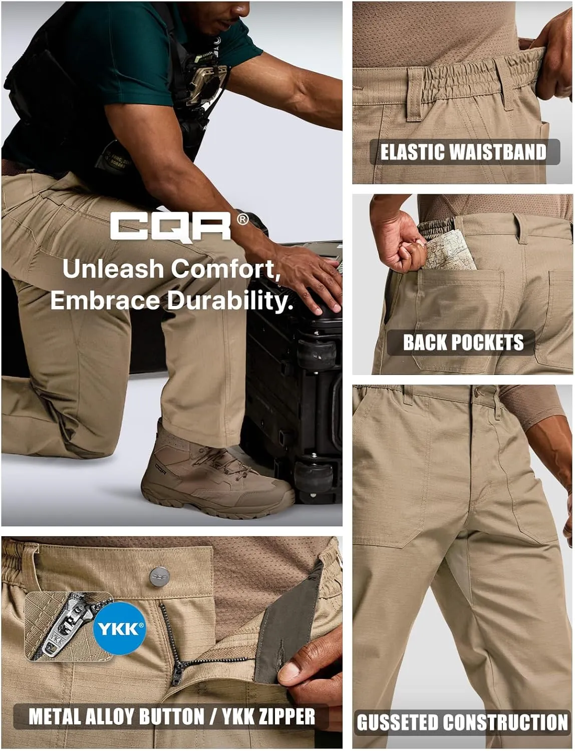 CQR Men's Quick Dry Work Pants, Water Resistant Outdoor Tactical Pants, Lightweight Stretch Cargo Hiking Pants